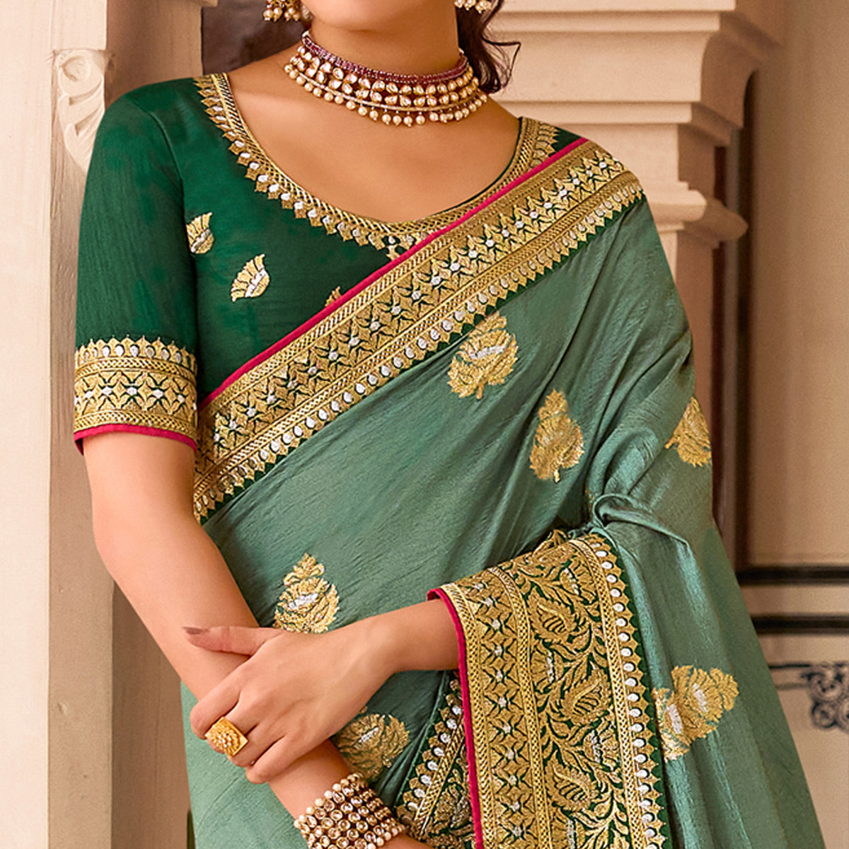 Green Embroidered Vichitra Silk Saree With With Tassels