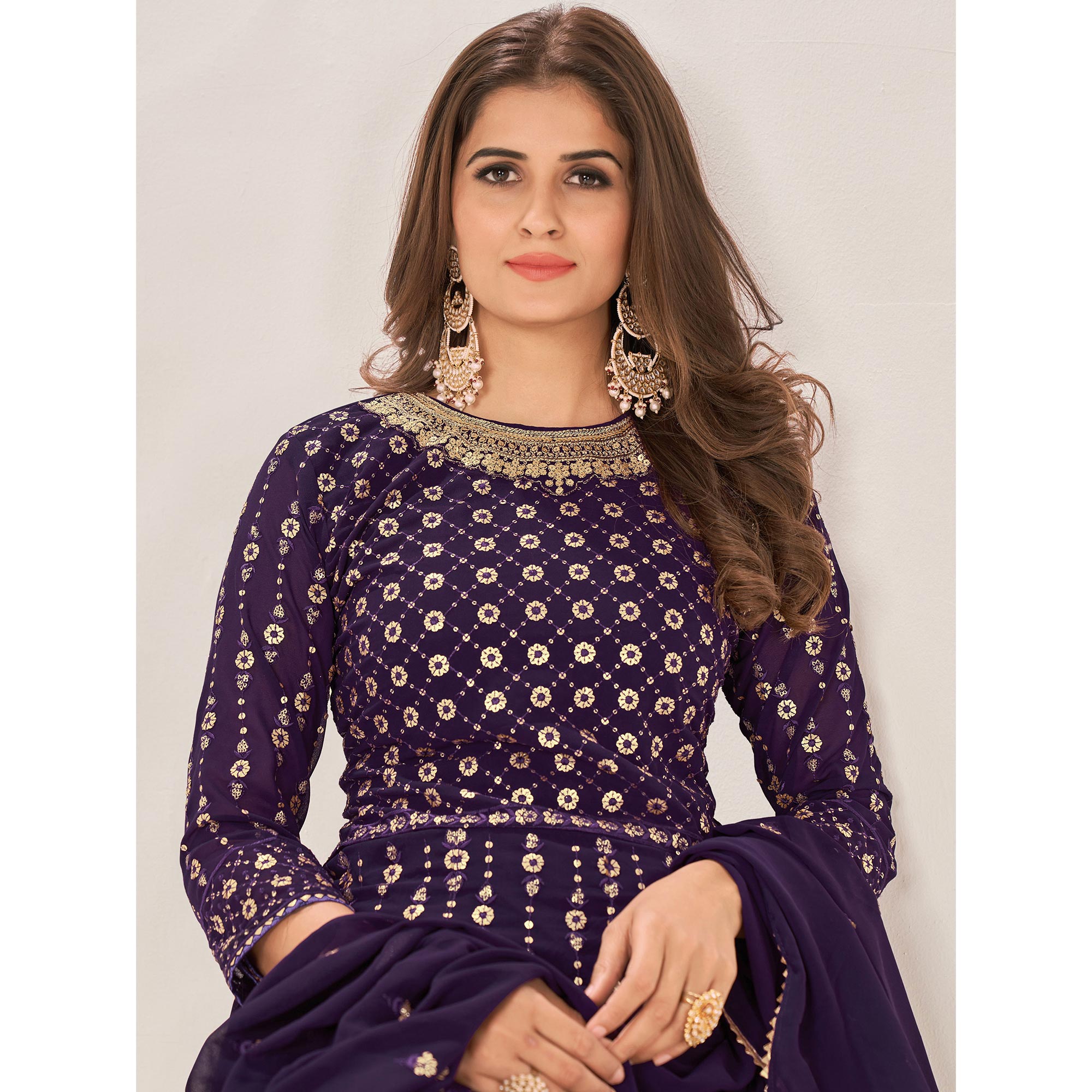 Purple Sequins Embroidered Georgette Sharara Suit