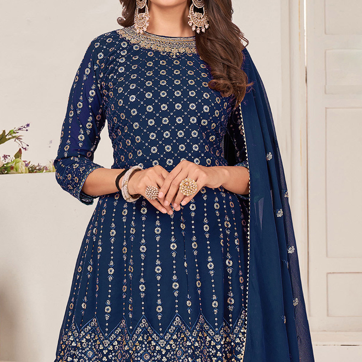 Blue Sequins Embroidered Georgette Sharara Suit