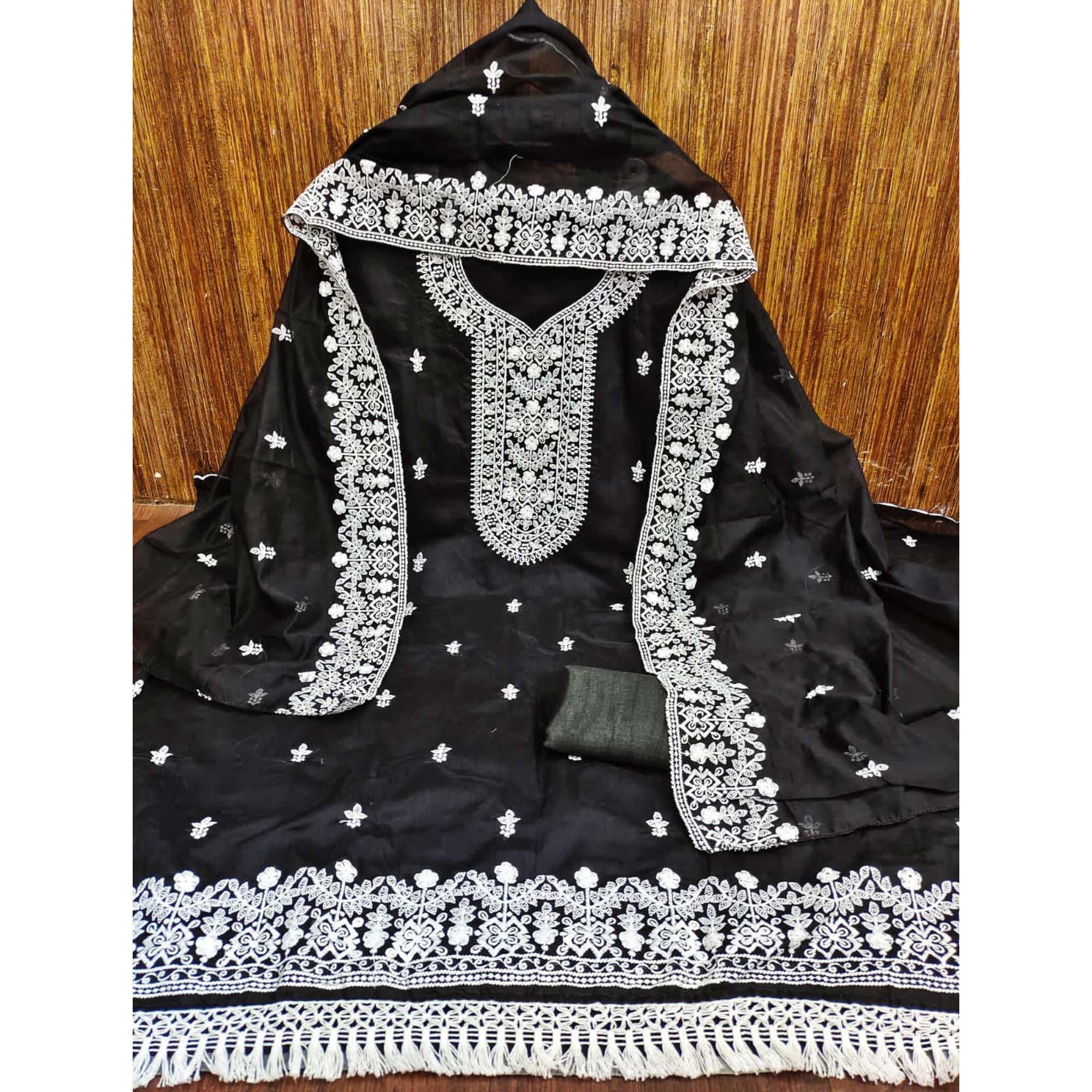 Black Lucknowi Embroidered Modal Dress Material