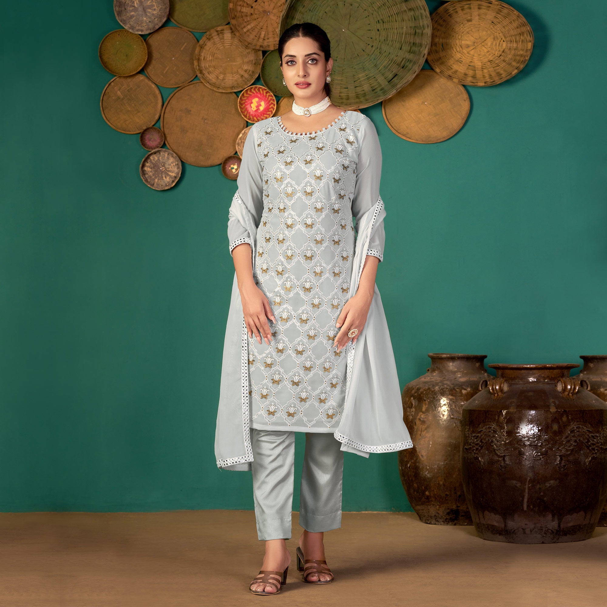 Grey Floral Embroidered Georgette Suit