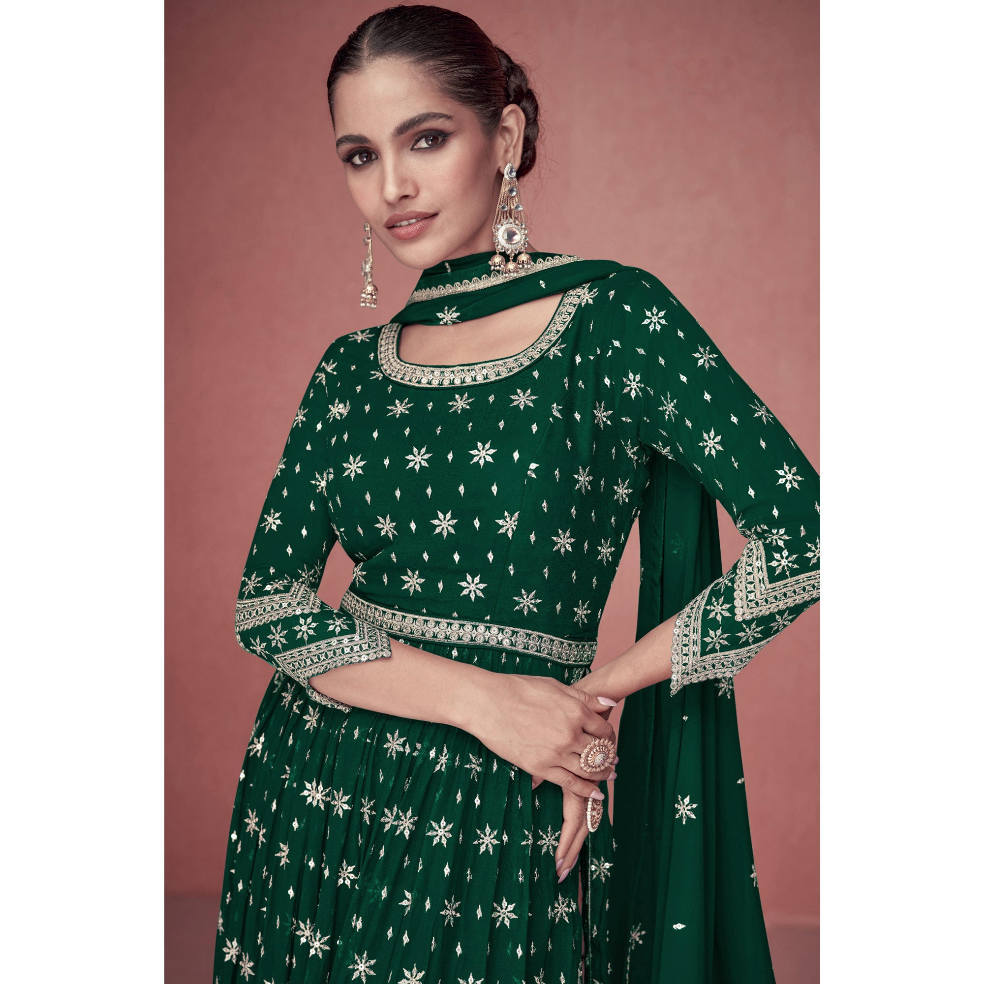 Green Sequins Embroidered Georgette Semi Stitched Naira Cut Suit