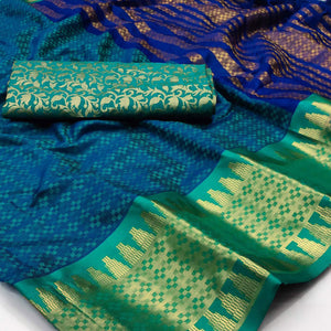 Ocean Blue Woven Cotton Silk Saree With Tassels