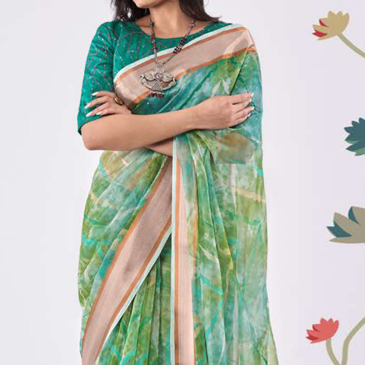 Green Printed Organza Saree With Woven Border