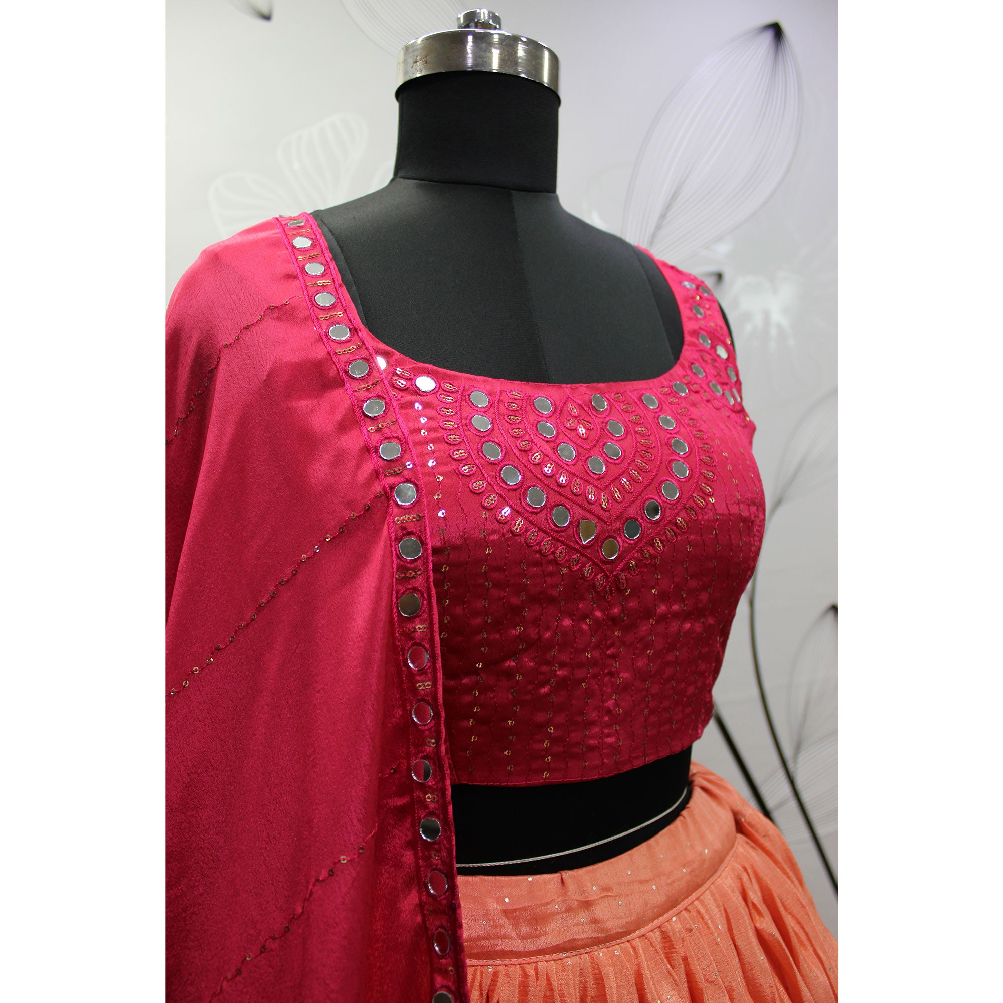 Peach & Pink Foil Printed Chiffon Lehenga Choli