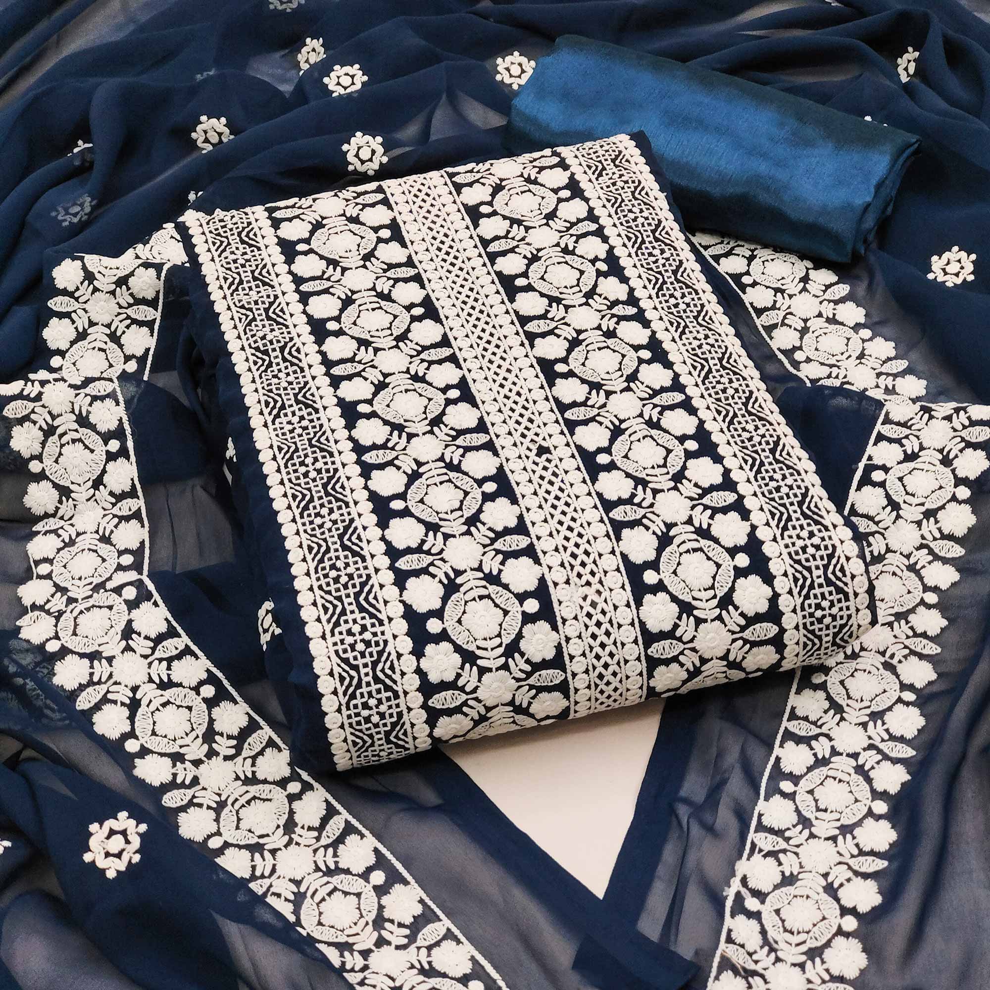 Navy Blue Lucknowi Embroidered Georgette Dress Material