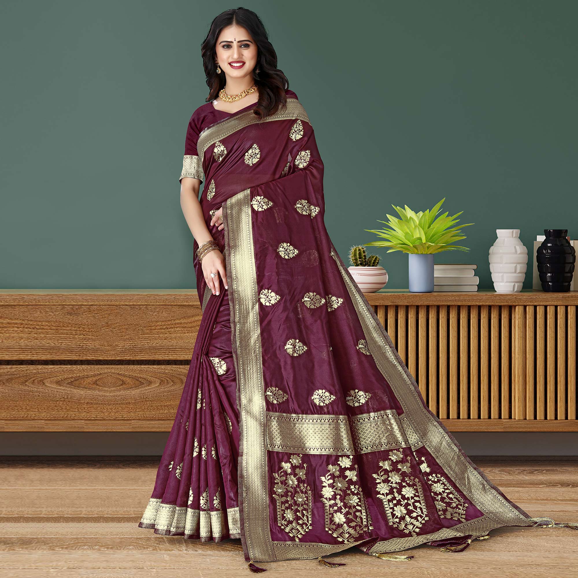Wine Woven Art Silk Saree With Tassels