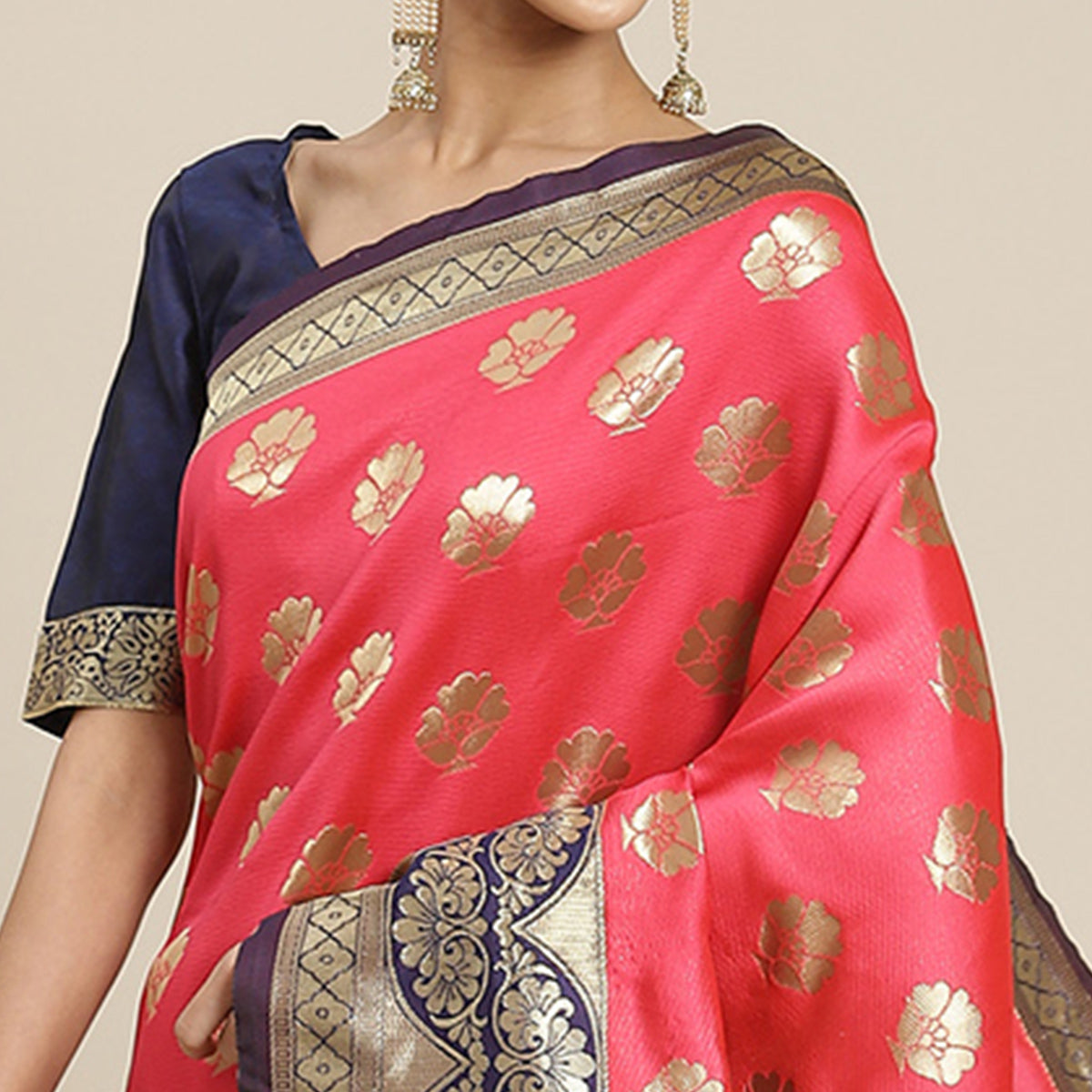 Pink & Navy Blue Woven Banarasi Silk Saree