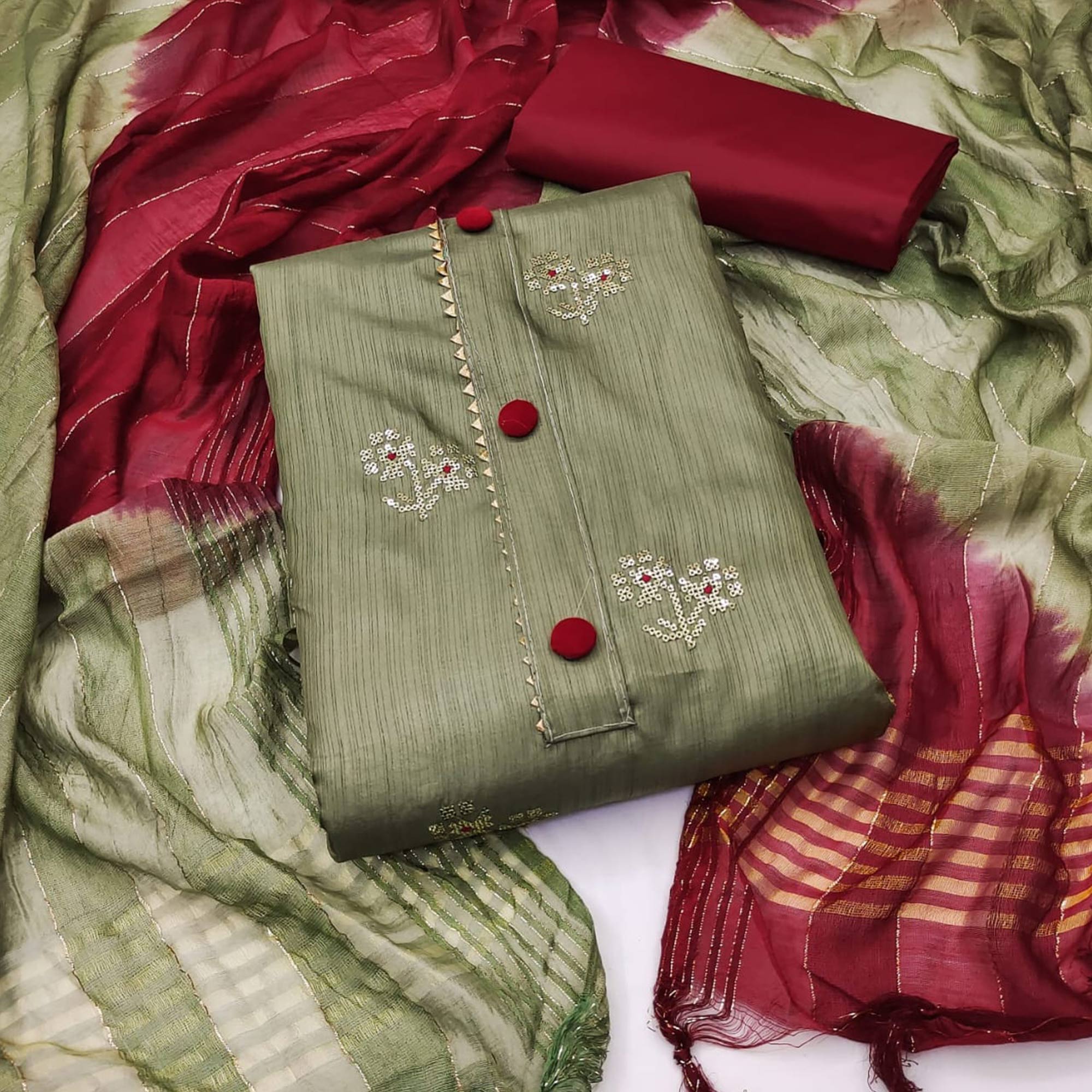 Mehendi Green Floral Sequins Embroidered Art Silk Dress Material