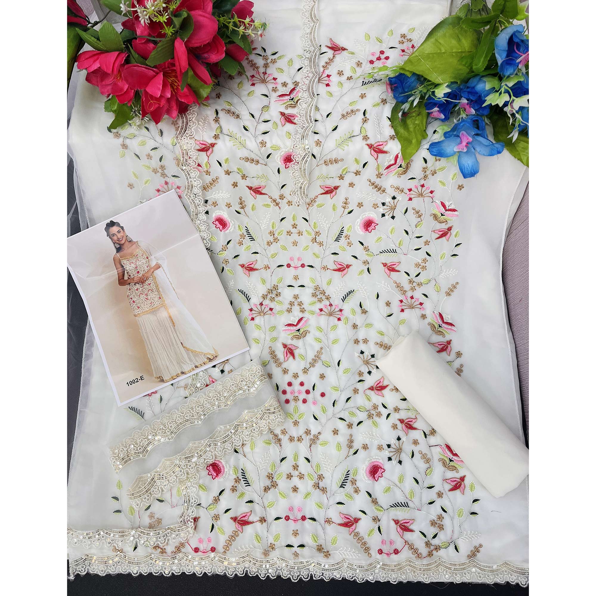 White Floral Sequins Embroidered Georgette Sharara Suit