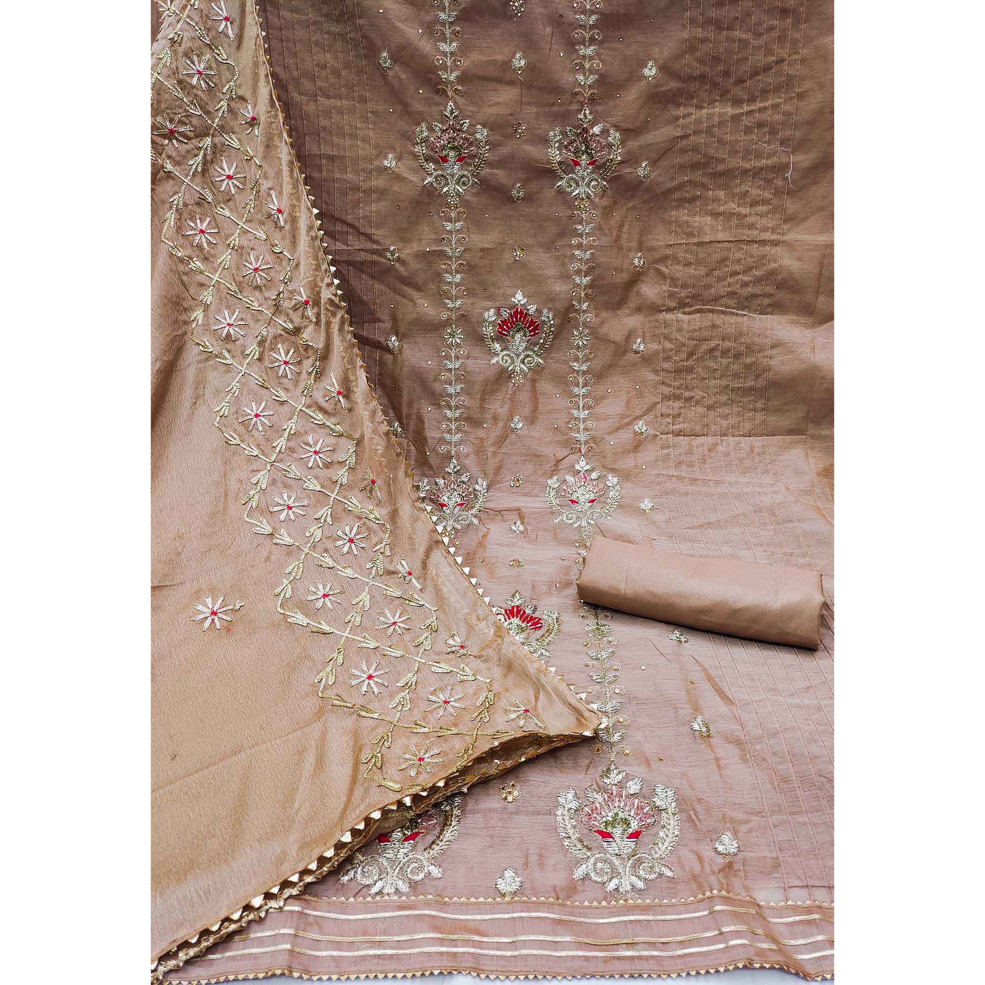 Brown Sequins Embroidered Modal Dress Material