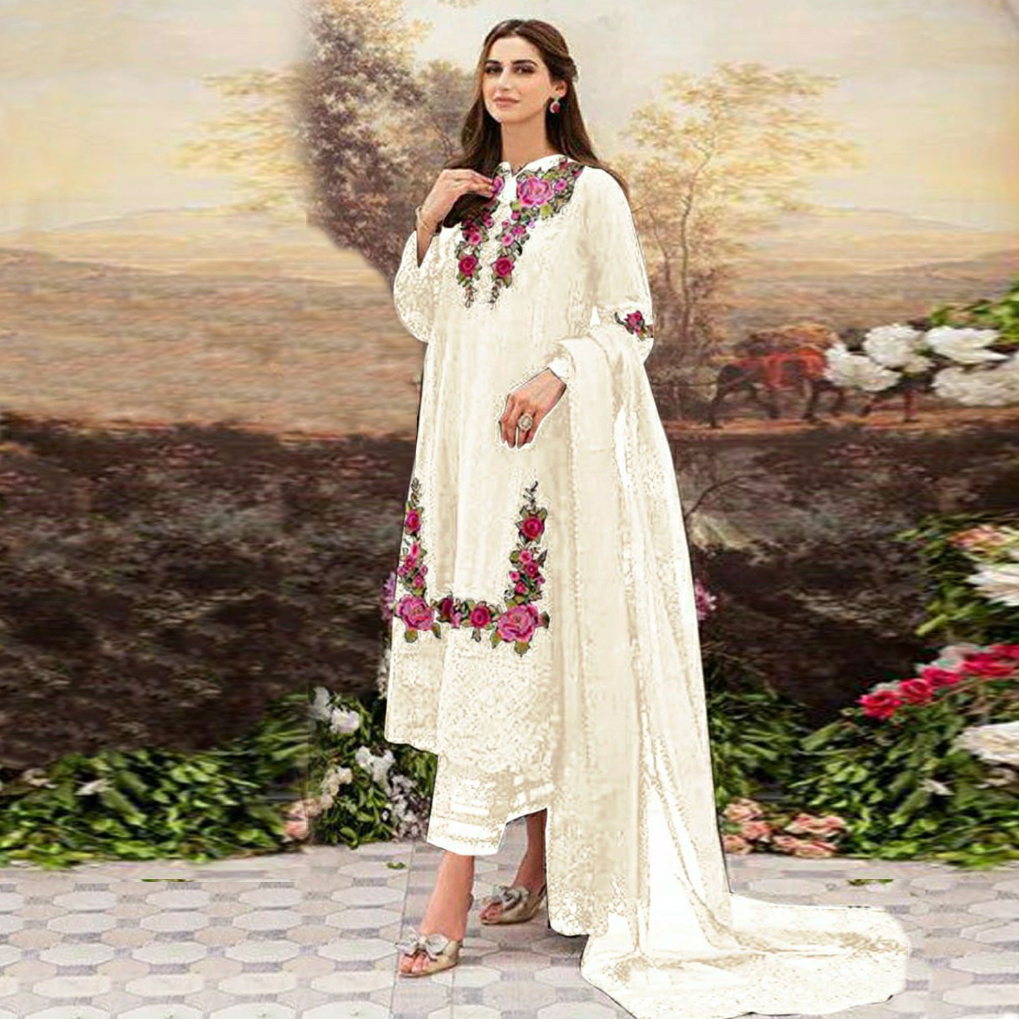 White Floral Embroidered Georgette Suit