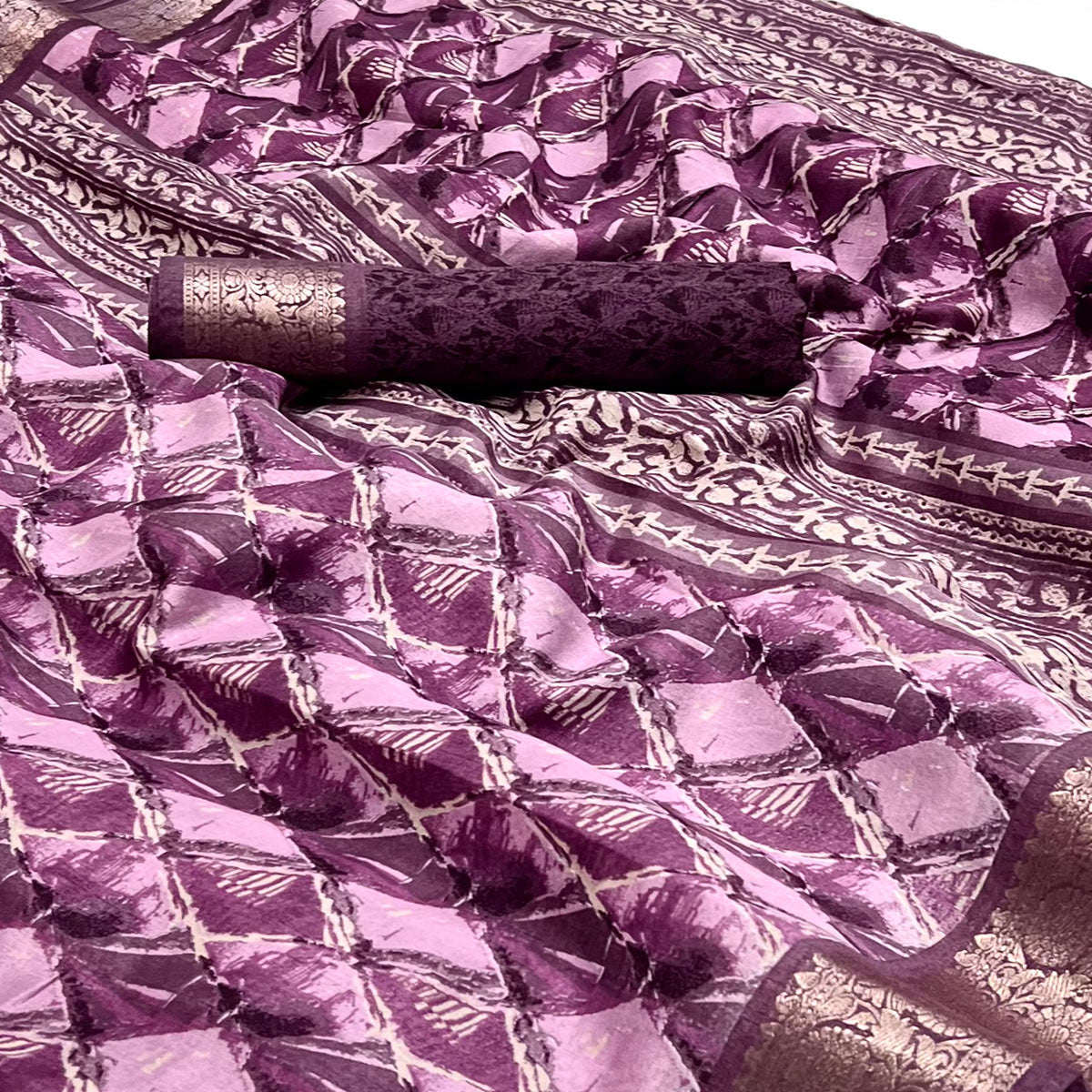 Purple Floral Printed With Woven Dola Silk Saree