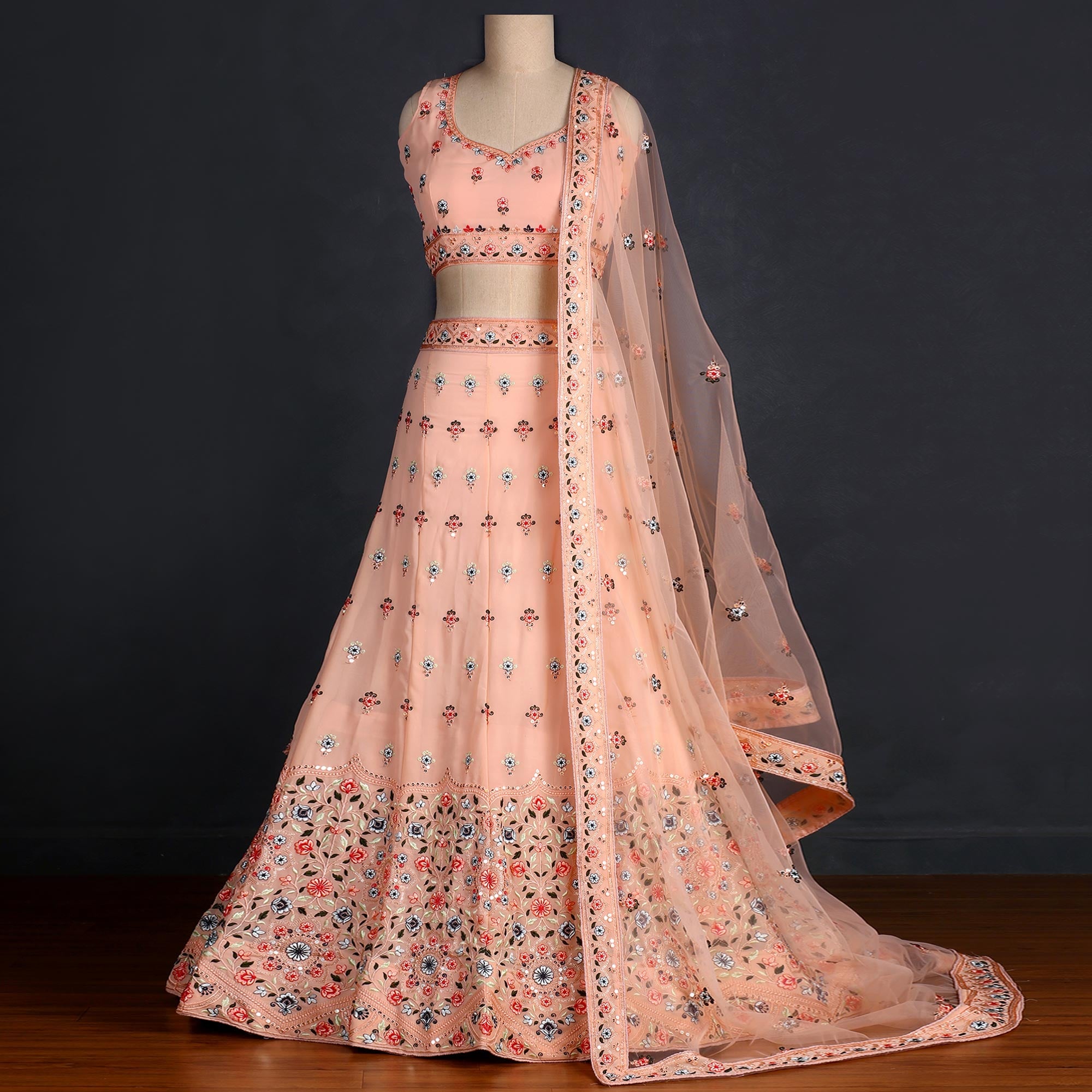 Peach Sequins Embroidered Georgette Lehenga Choli