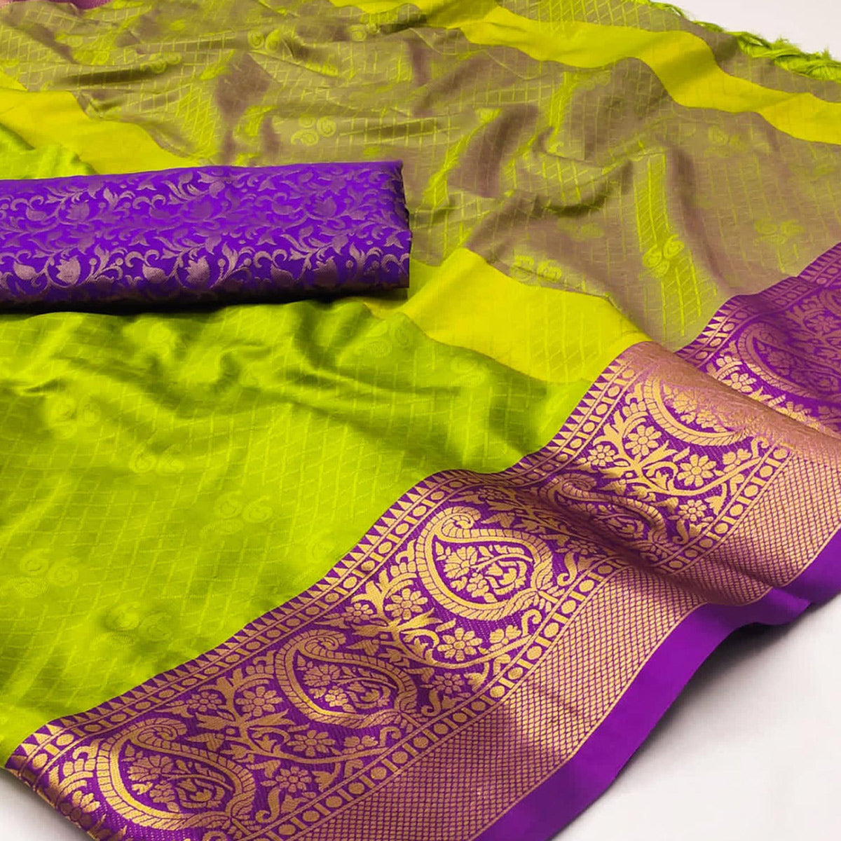 Lemon Green-Violet Woven Cotton Silk Saree With Tassels