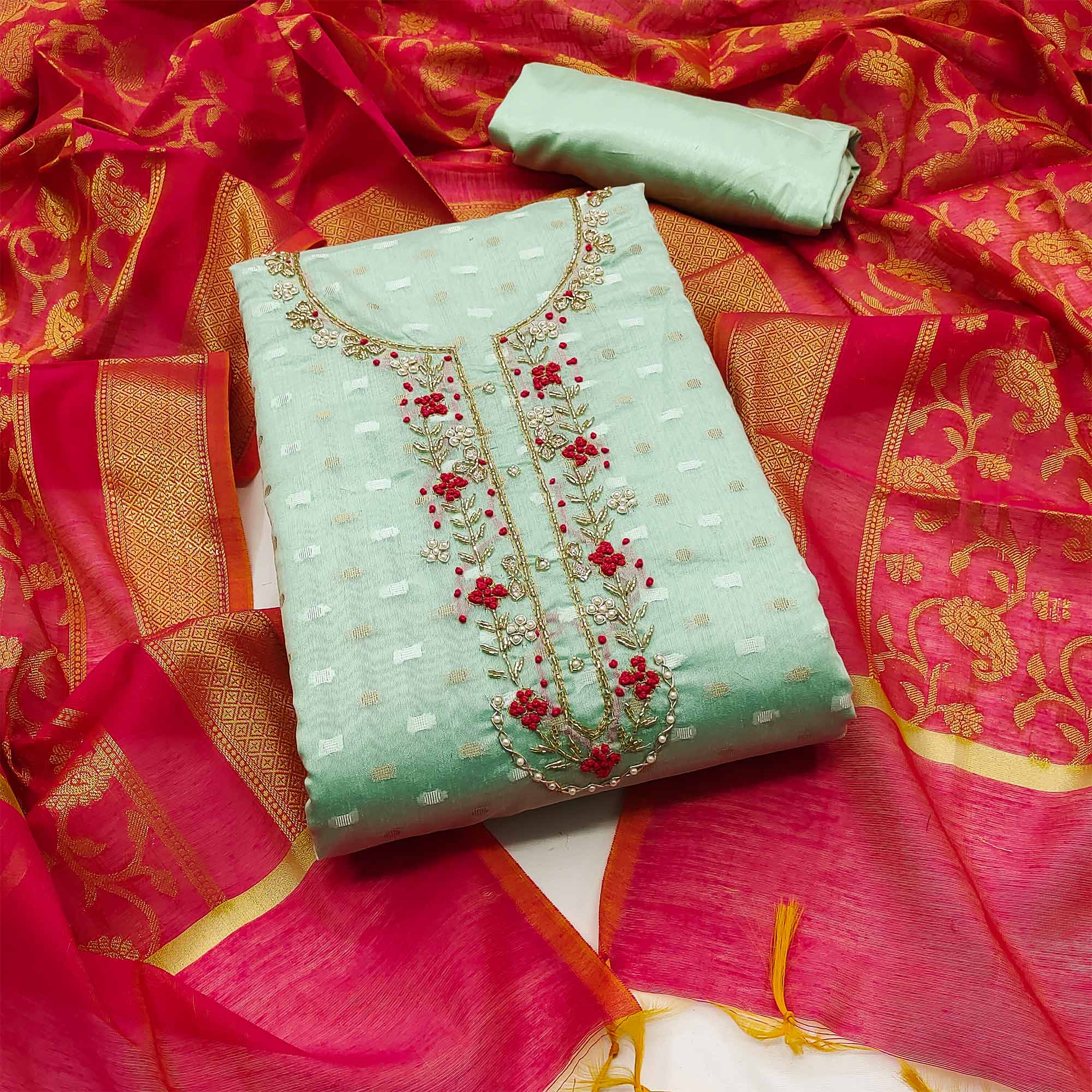 Pastel Green Woven Banarasi Silk Dress Material