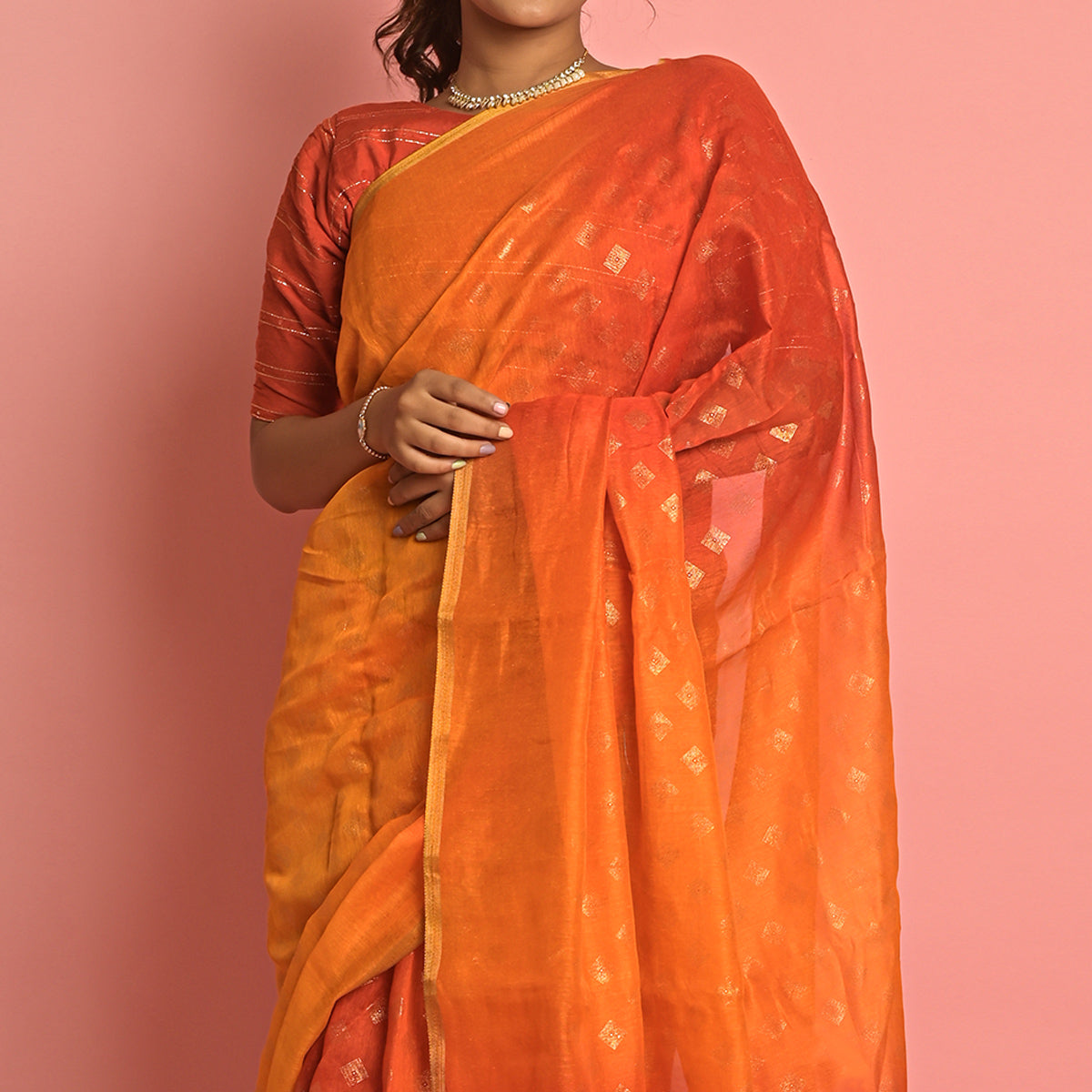 Mustard & Orange Foil Printed Cotton Blend Saree