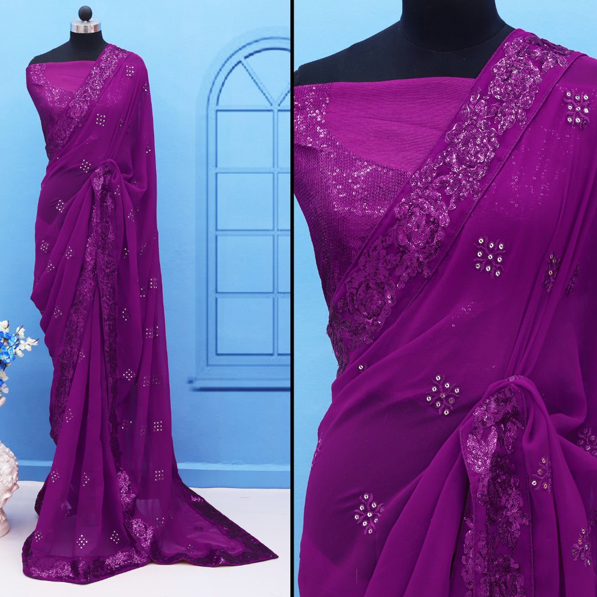 Purple Sequins Embroidered Georgette Saree