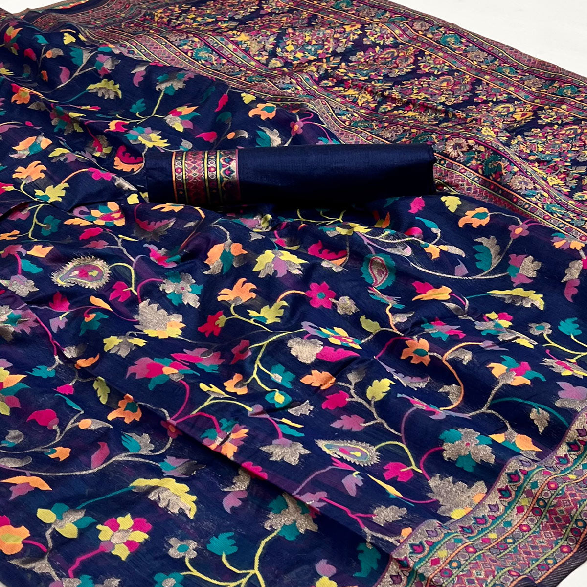 Blue Floral Woven Pashmina Saree