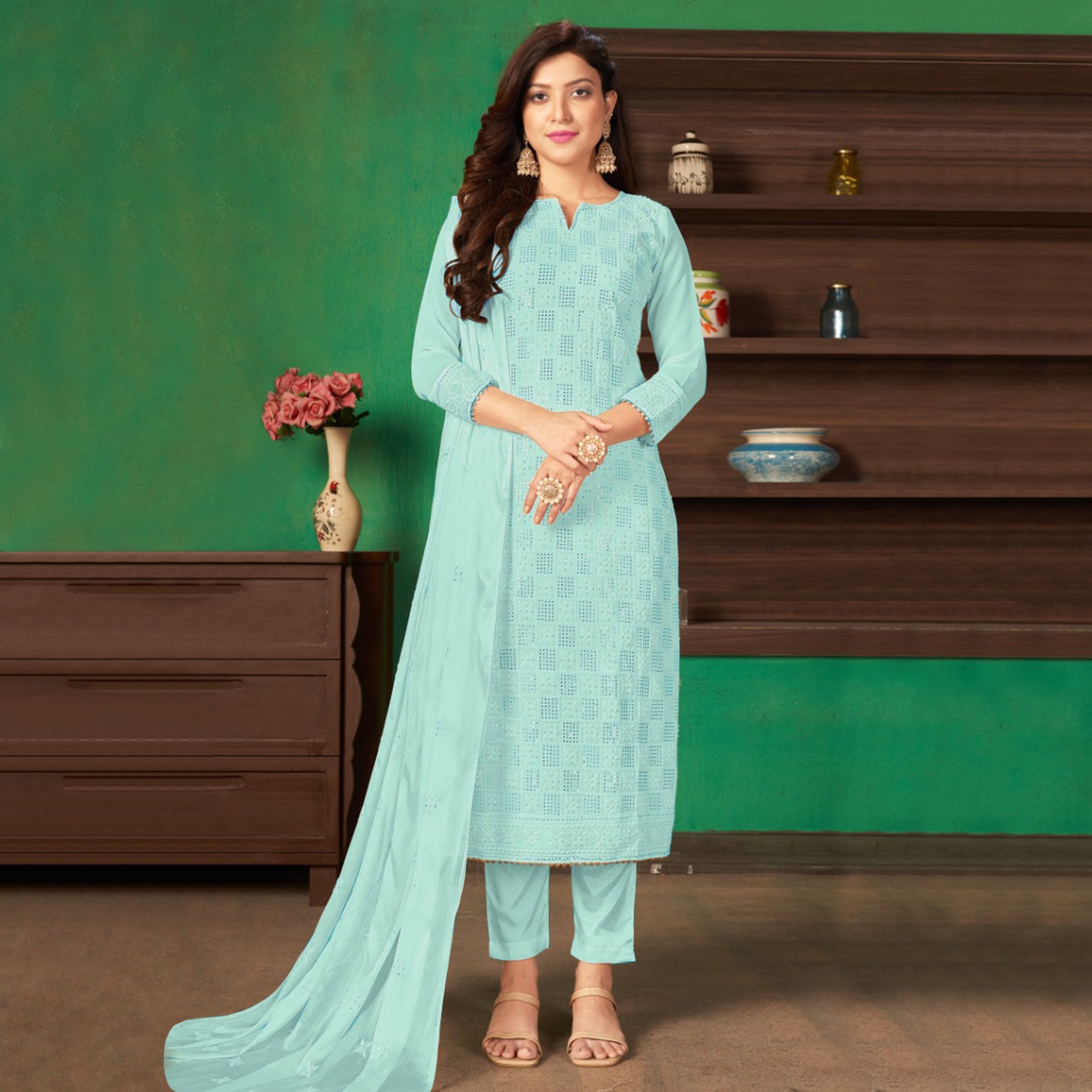 Aqua Blue Sequins Embroidered Georgette Suit