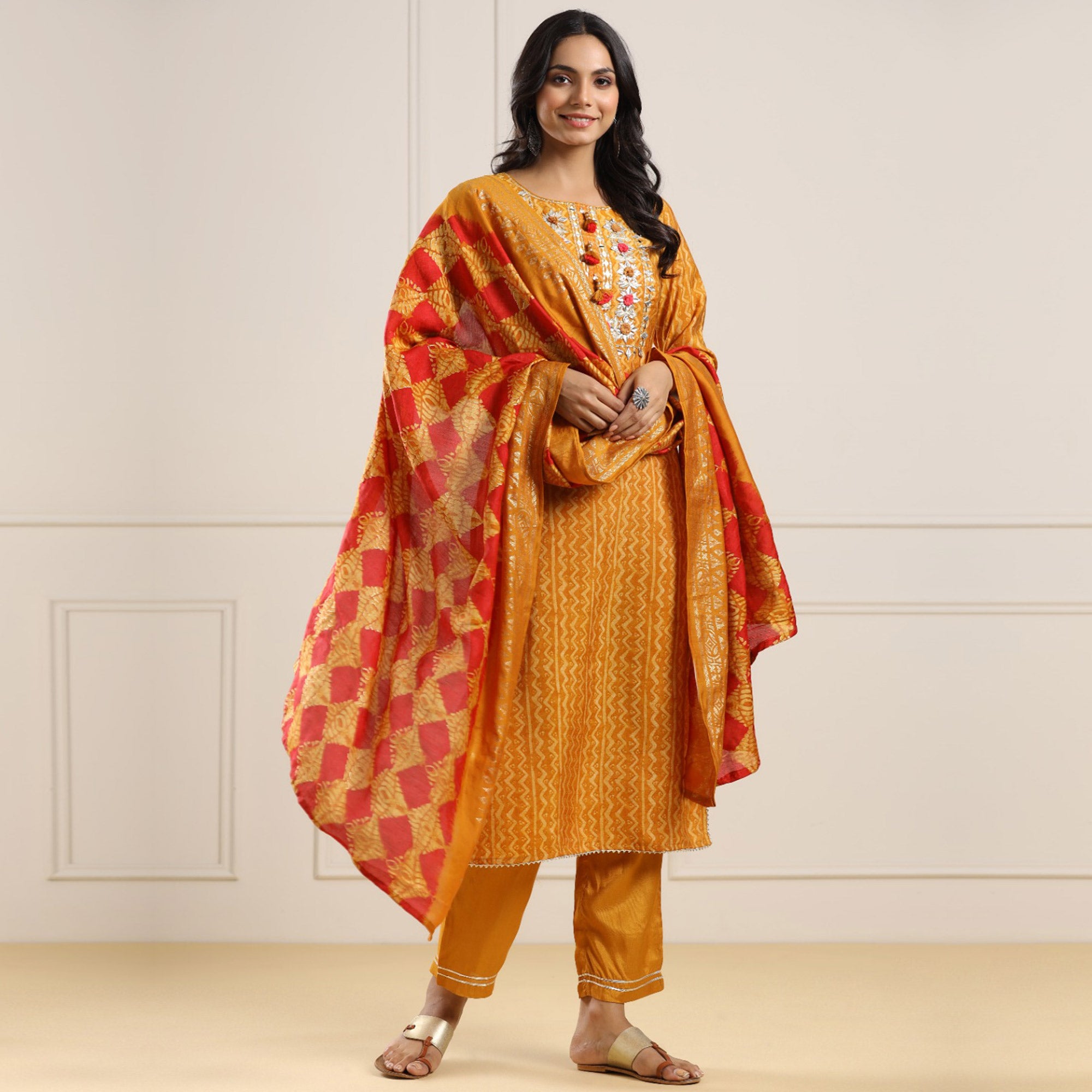 Mustard Printed With Gota Work Chanderi Salwar Suit