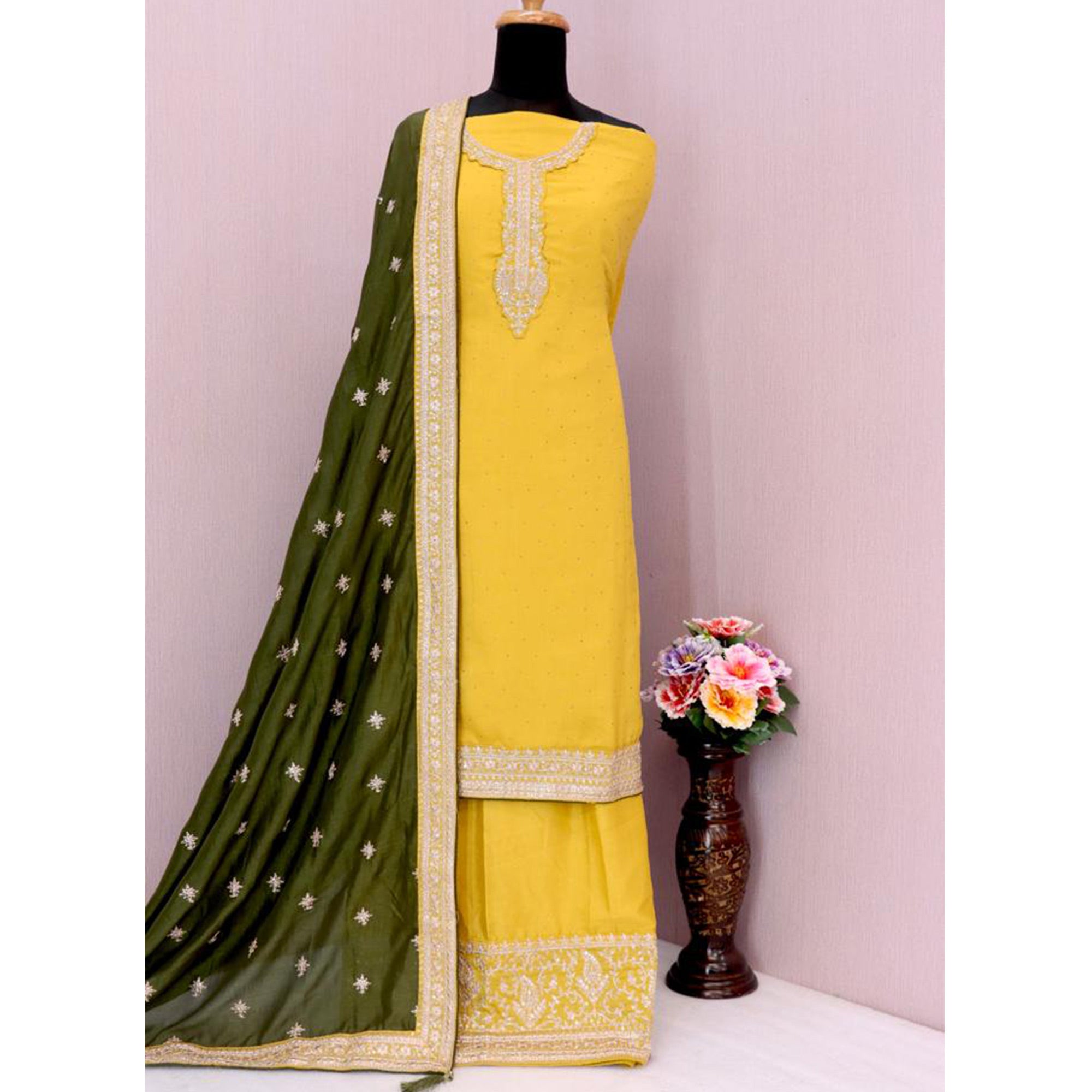 Yellow Embroidered Georgette Semi Stitched Palazzo Suit