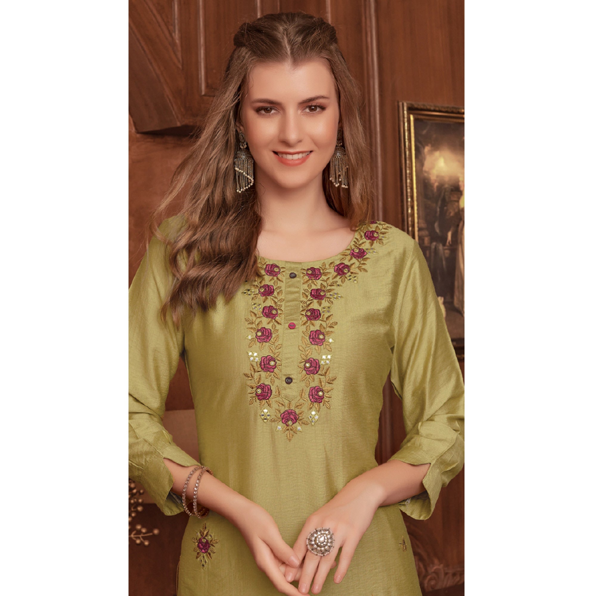 Mehendi Green Floral Embroidered Rayon Kurti