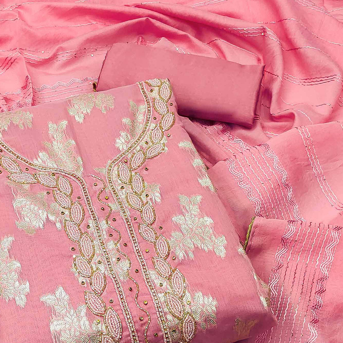 Pink Woven With Handwork Banarasi Silk Dress Material