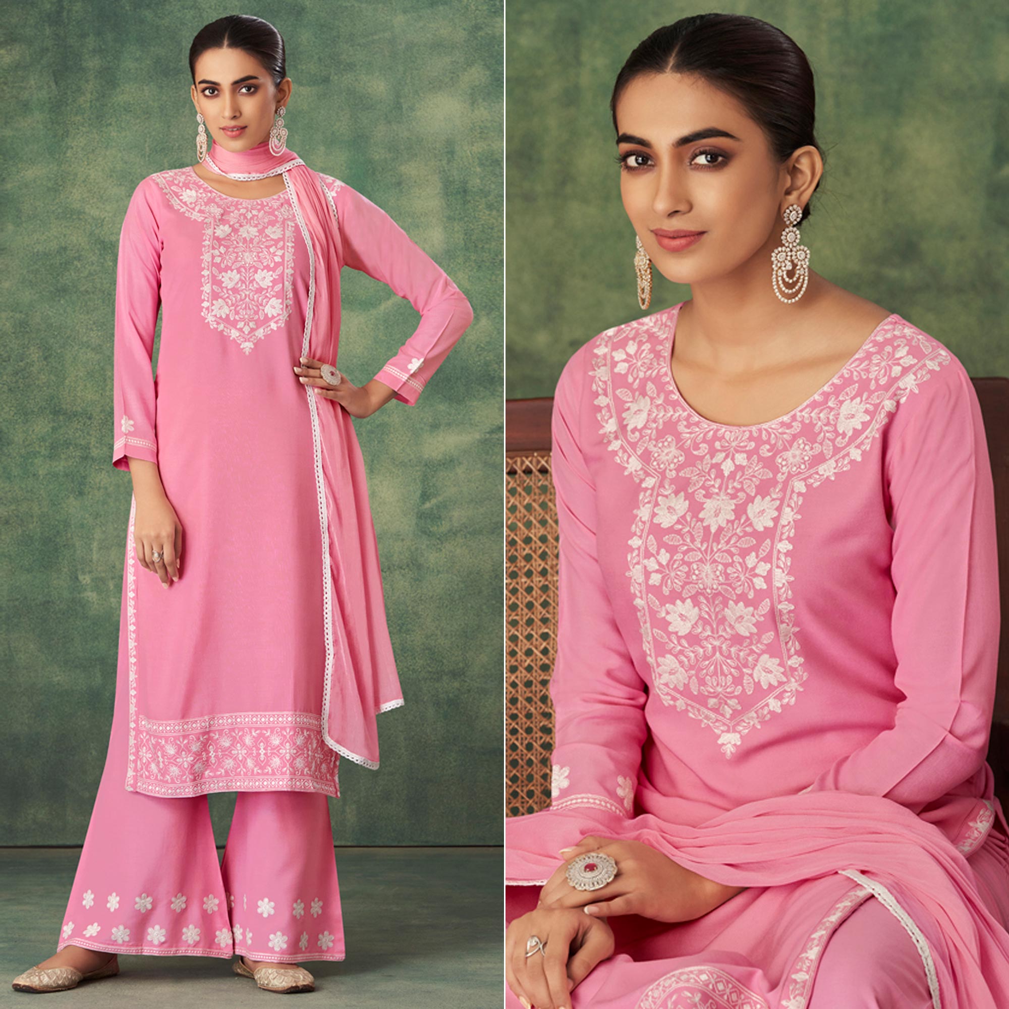 Pink Floral Lucknowi Rayon Palazzo Suit