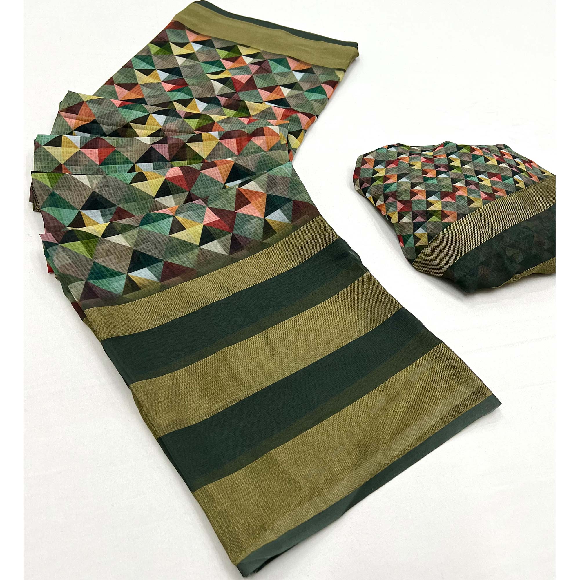 Olive Green Digital Printed Viscose Saree