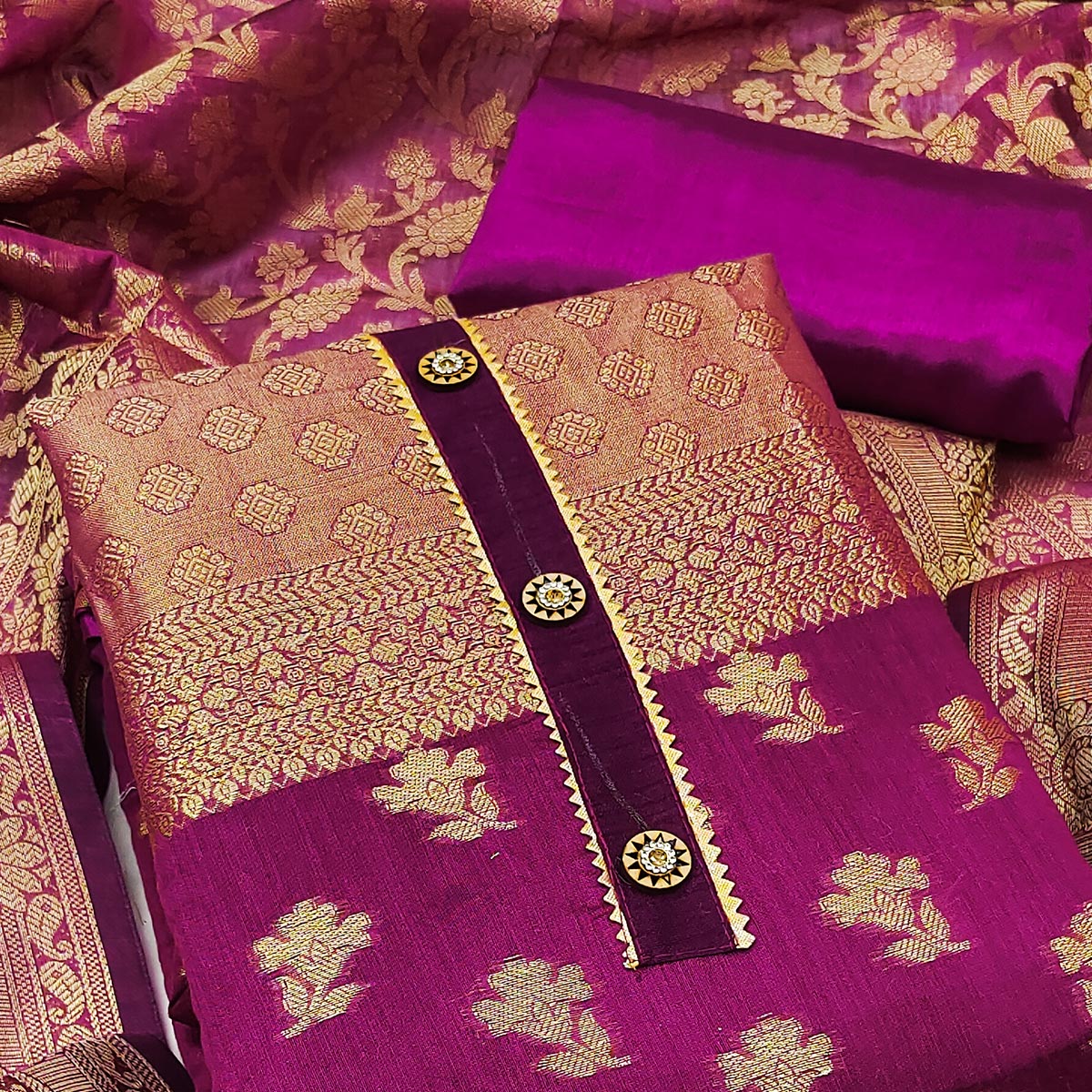 Magenta Pink Floral Woven Banarasi Silk Dress Material