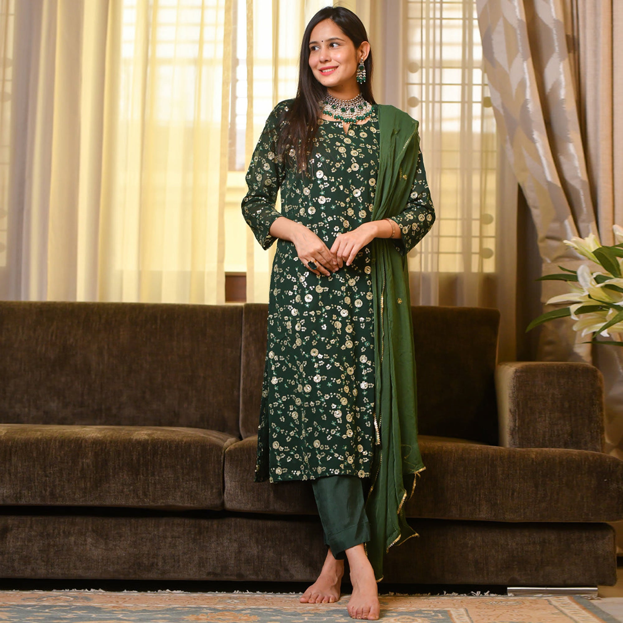 Green Sequins Embroidered Georgette Suit