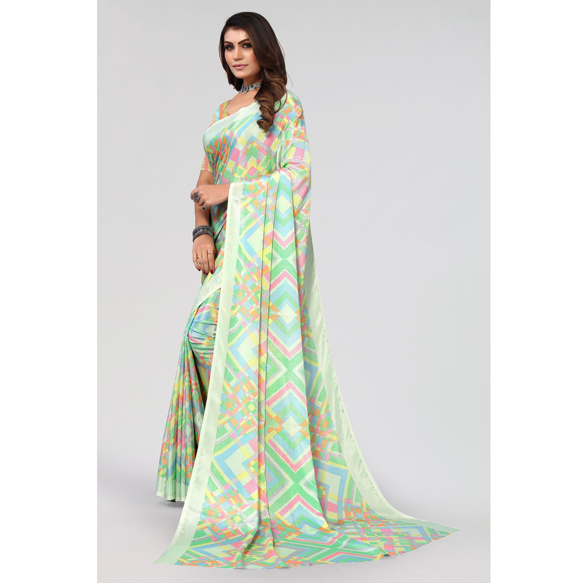 Sea Green Geometric Printed Chiffon Saree