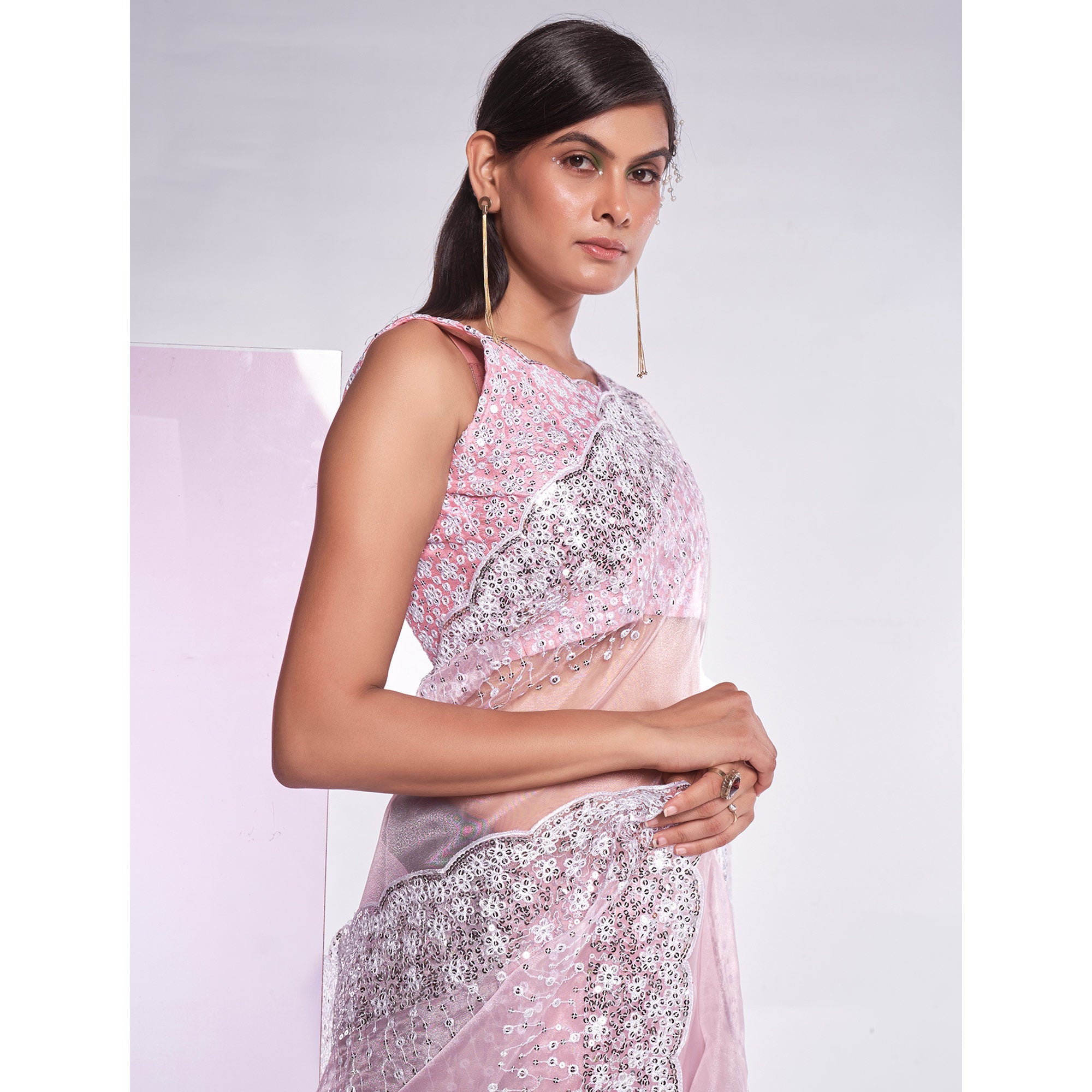 Pink Sequins Embroidered Organza Saree