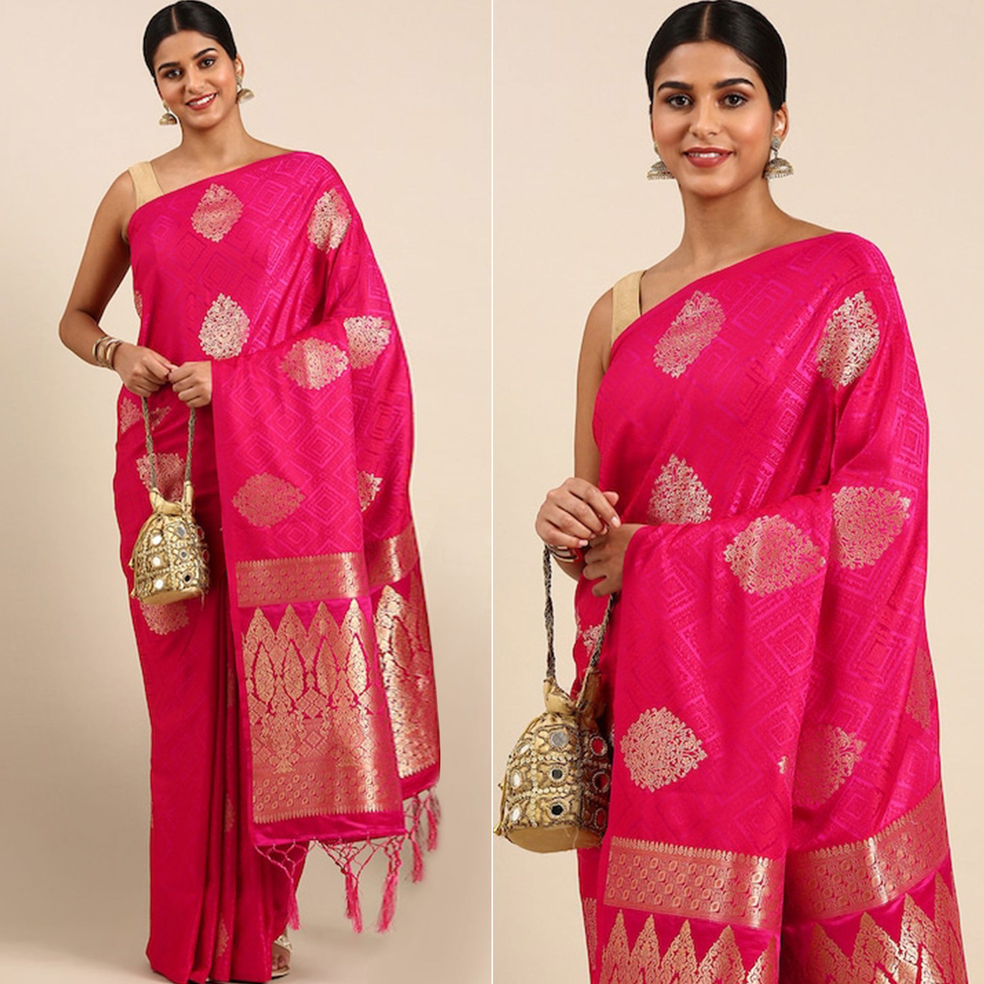 Pink Woven Kanjivaram Silk Saree WithTassels