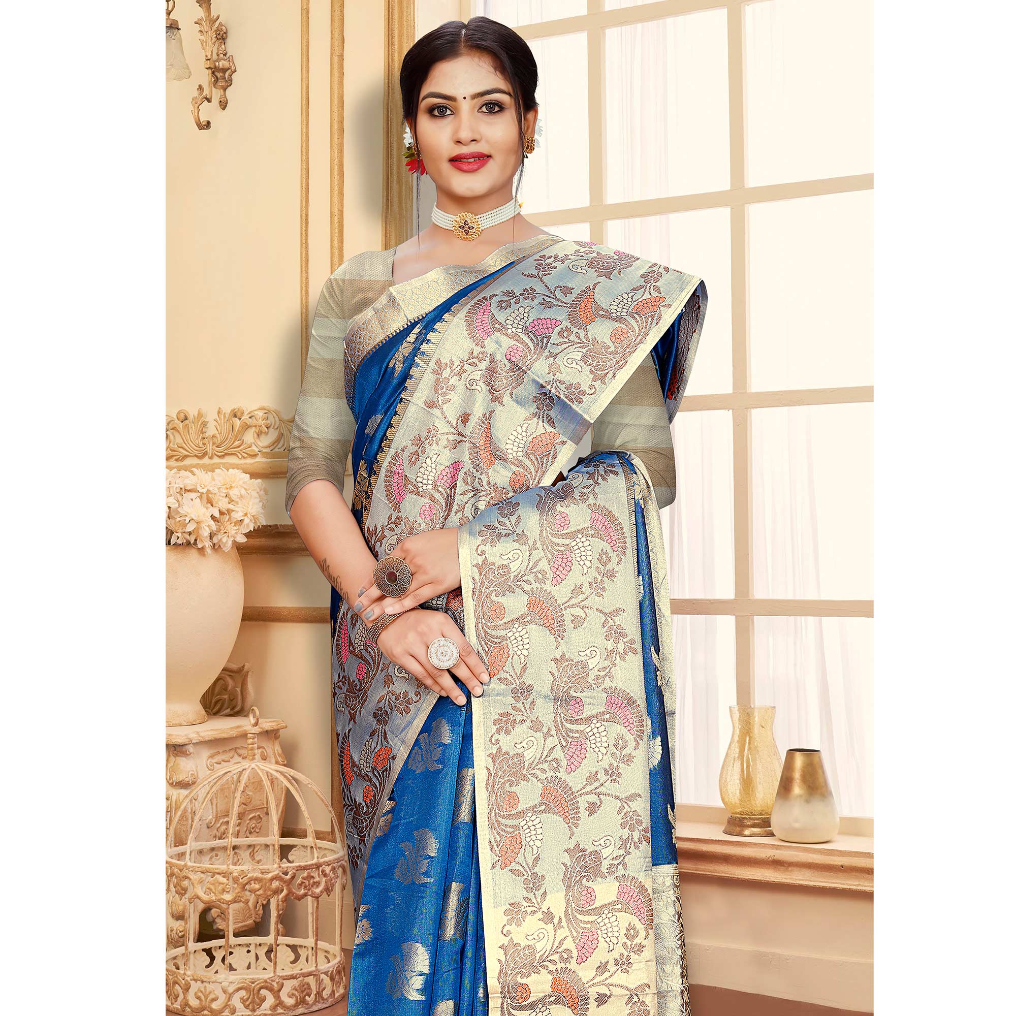 Blue Floral Woven Organza Saree With Tassels