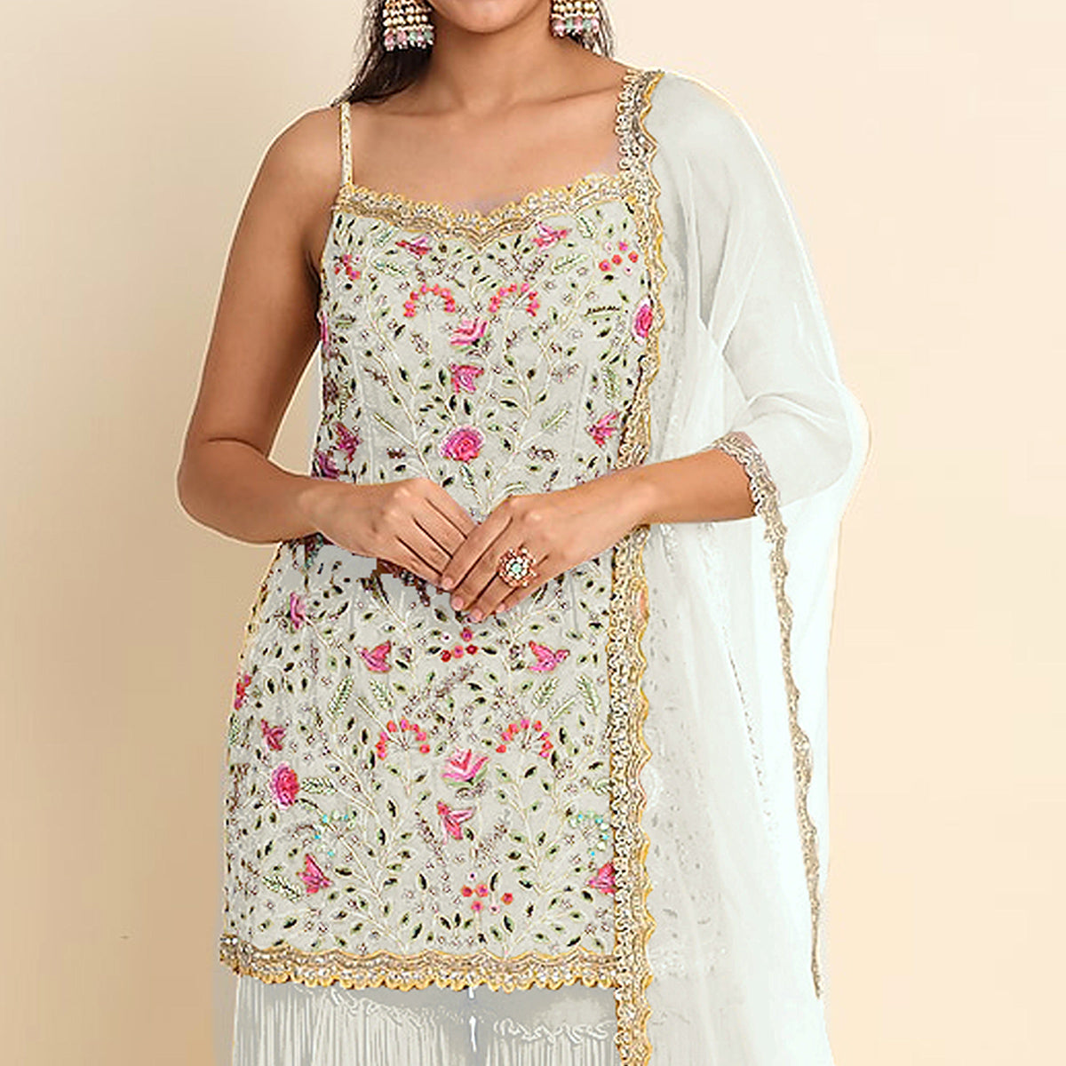 White Floral Sequins Embroidered Georgette Sharara Suit