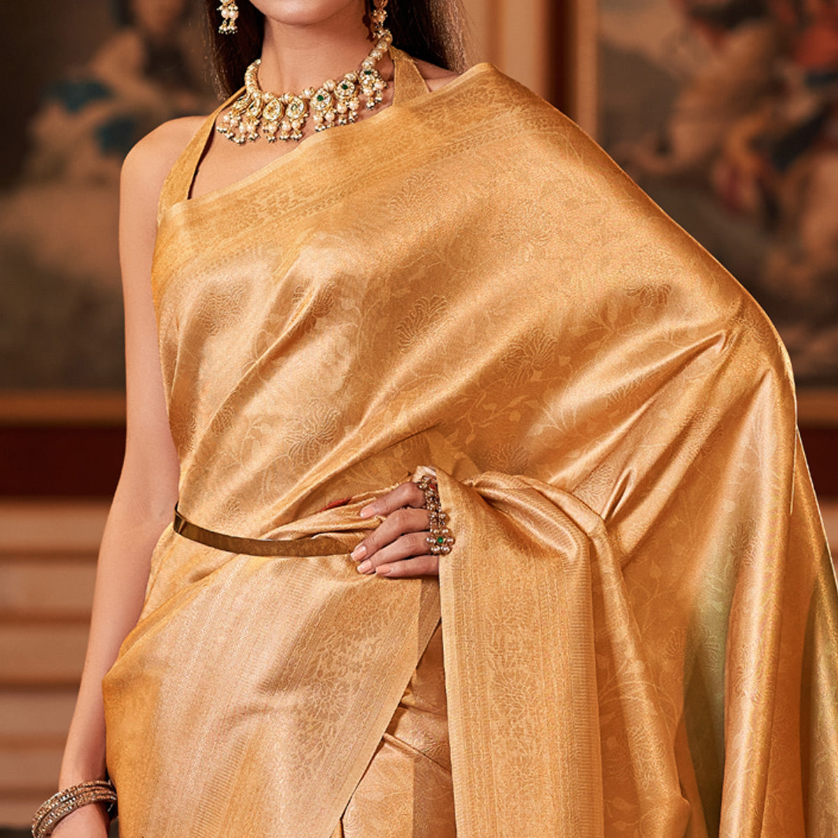 Golden Woven Jacquard Saree With Tassels