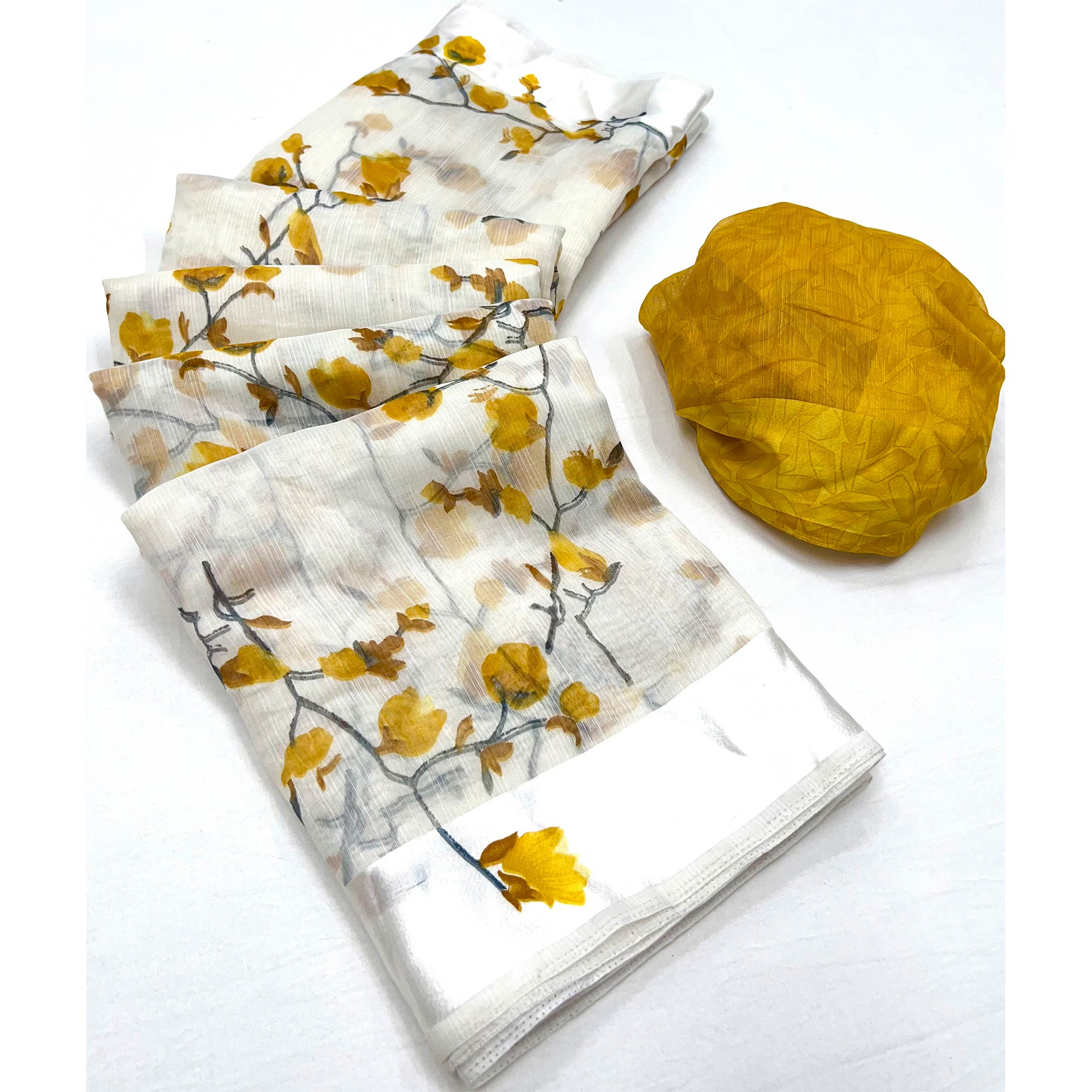 White Mustard Floral Printed Linen Saree