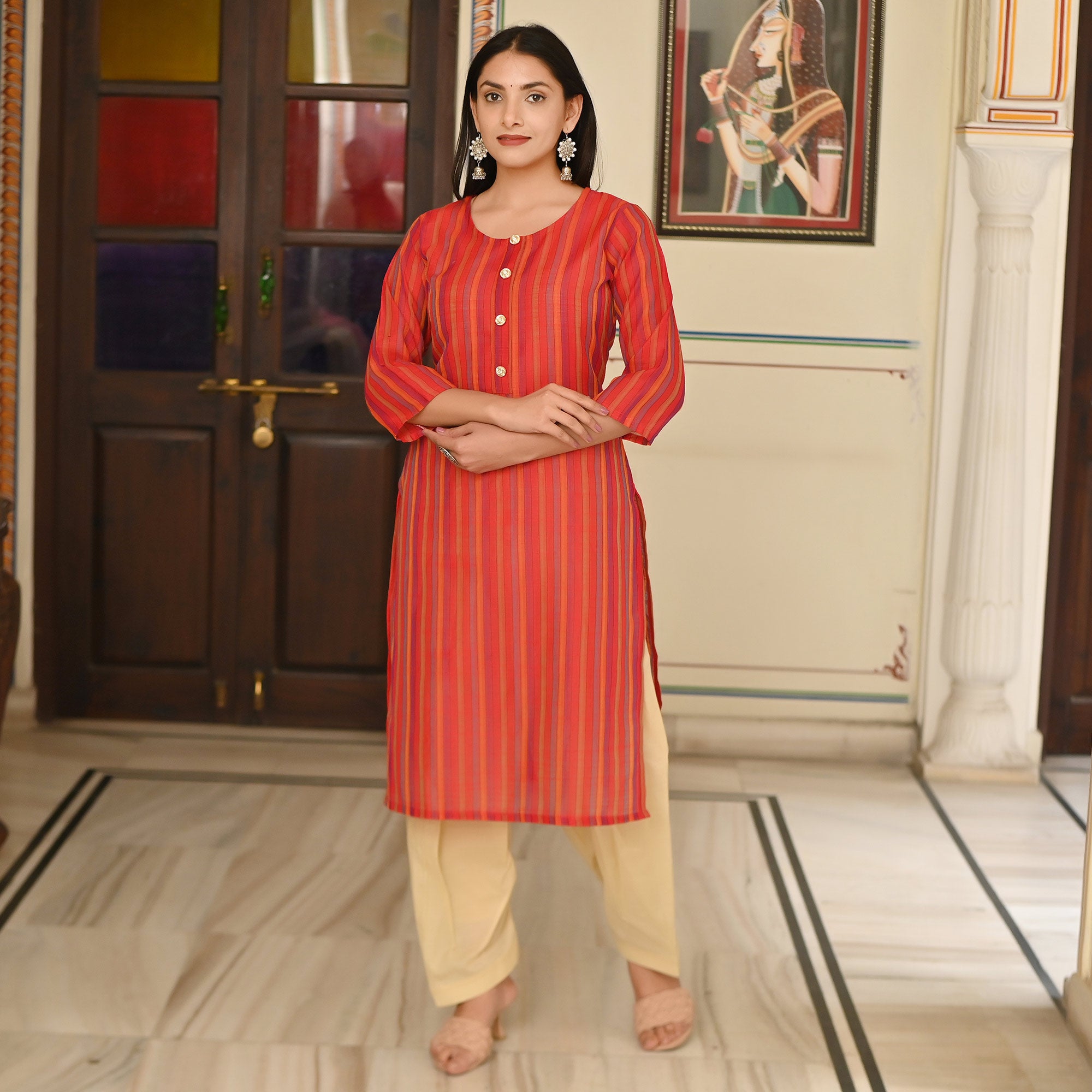 Red Stripes Printed Pure Cotton Salwar Suit