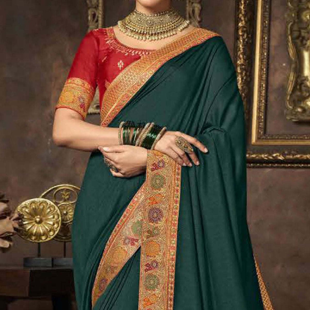 Teal Green Solid With Woven Border Vichitra Silk Saree