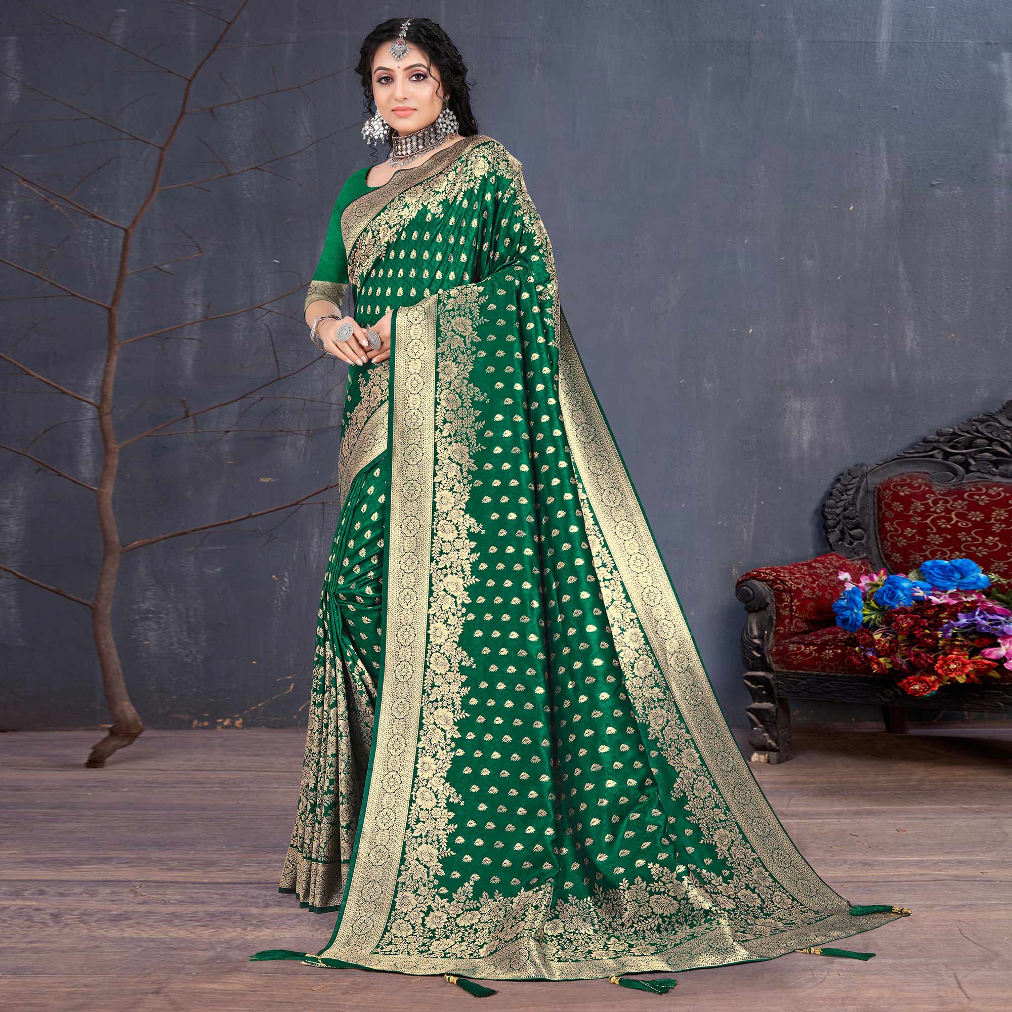 Bottle Green Woven Art Silk Saree With Tassels