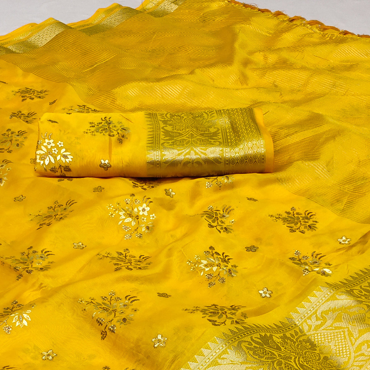 Yellow Woven Organza Saree With Tassels