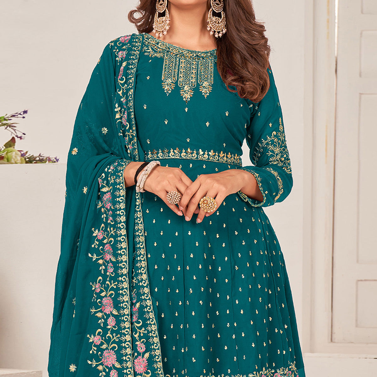 Teal Blue Sequins Embroidered Georgette Sharara Suit