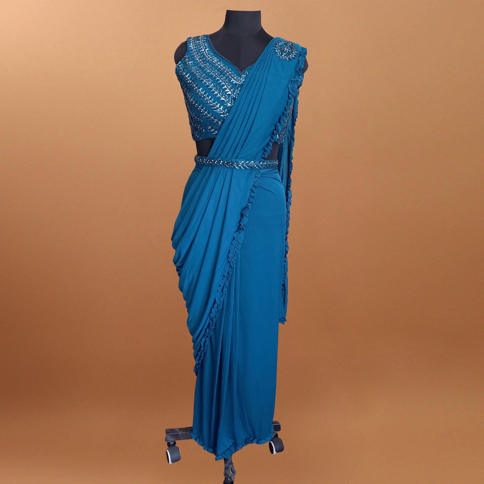 Blue Floral With Solid Ready to Wear Lycra Saree