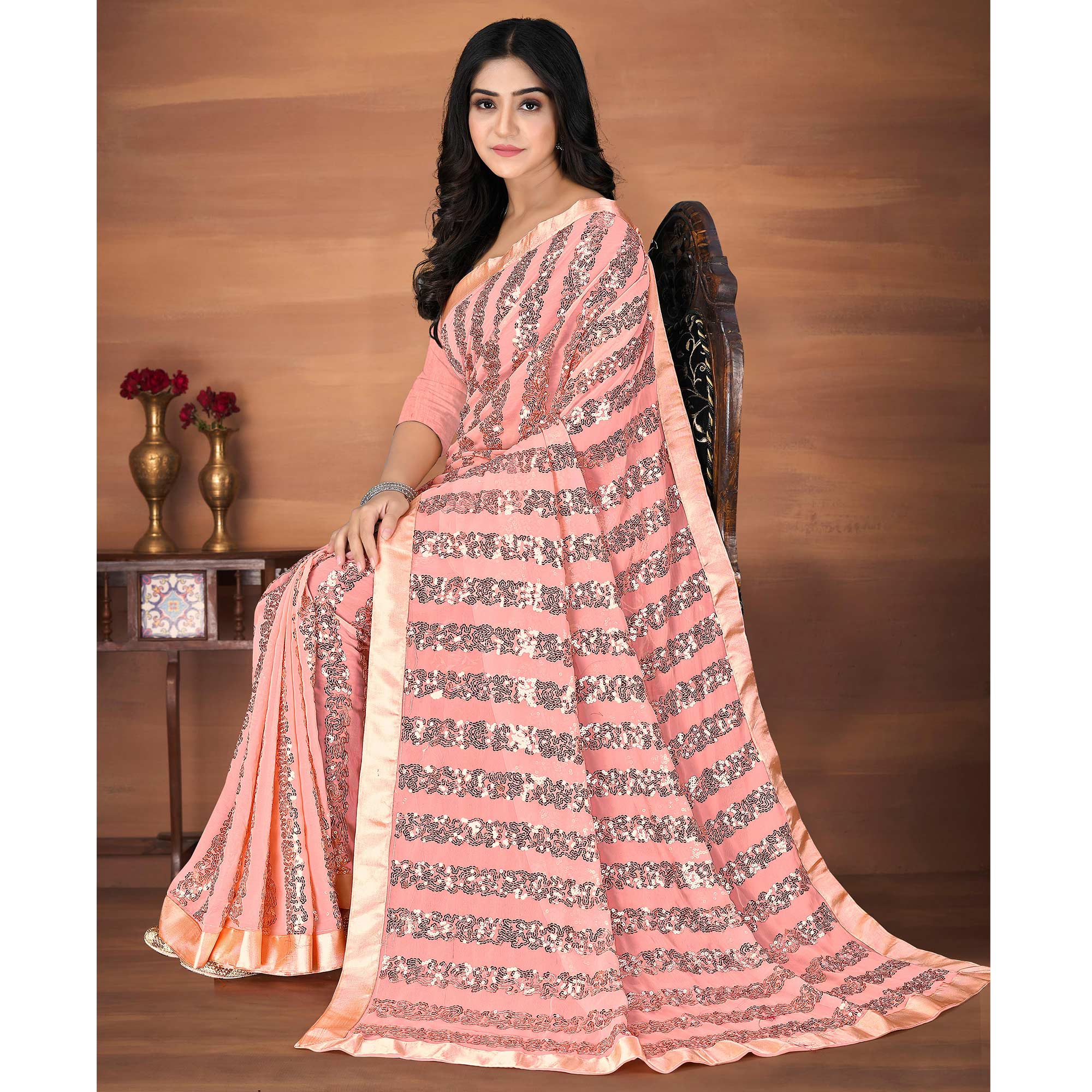 Peach Sequins Embroidered Georgette Saree