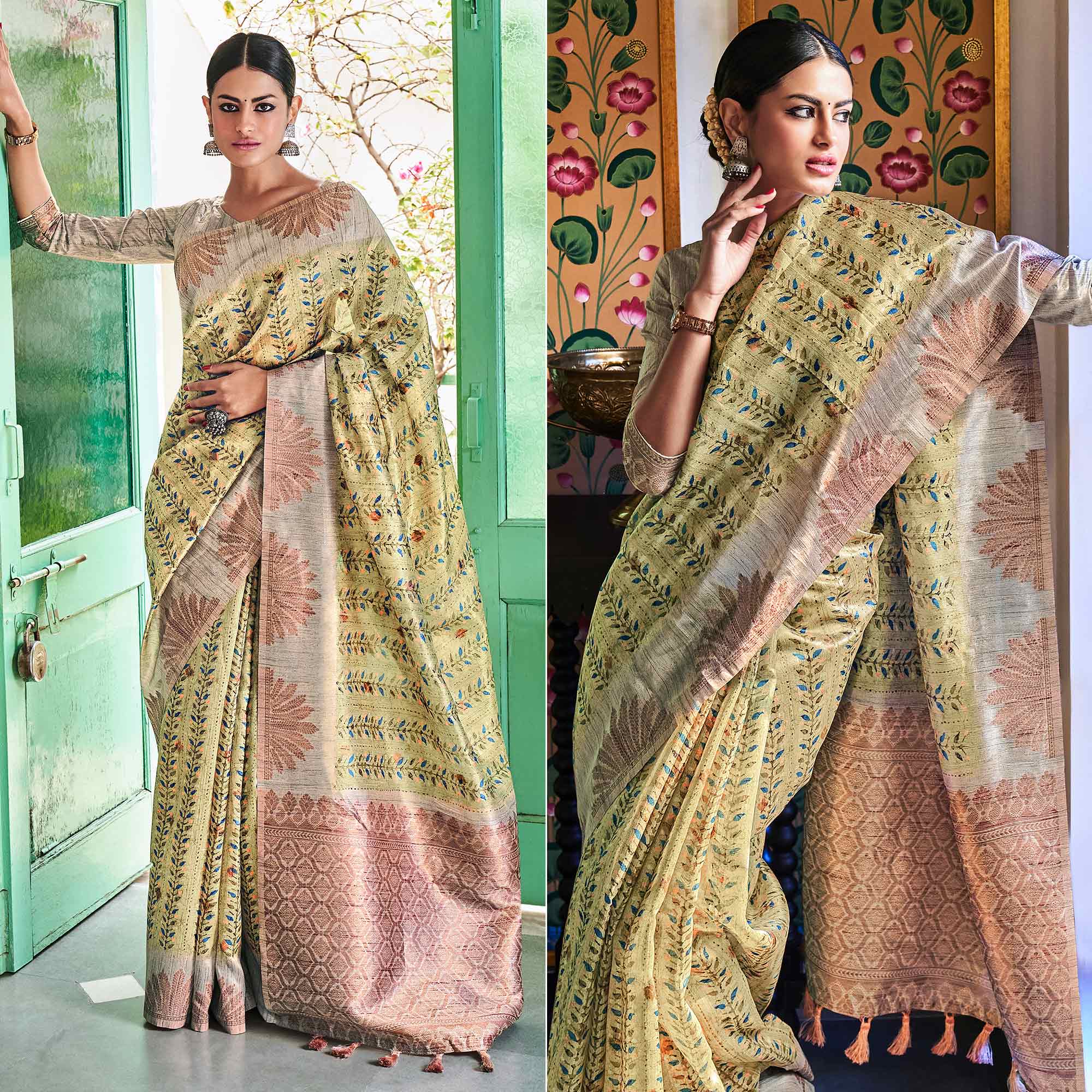 Green Digital Printed Raw Silk Saree With Tassels