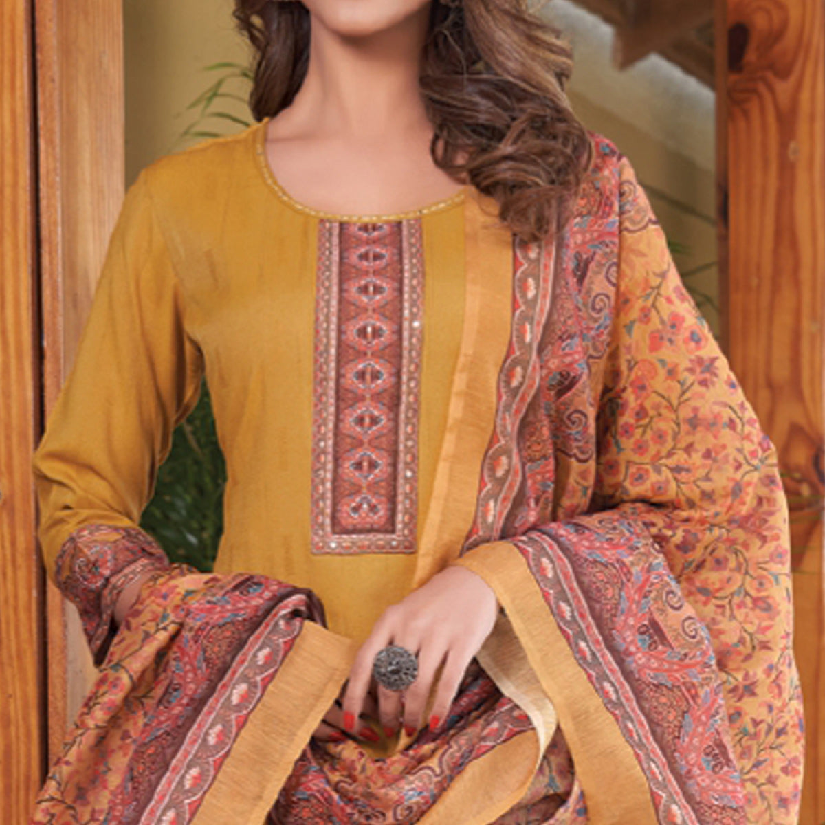 Mustard Embroidered Rayon Kurti With Dupatta