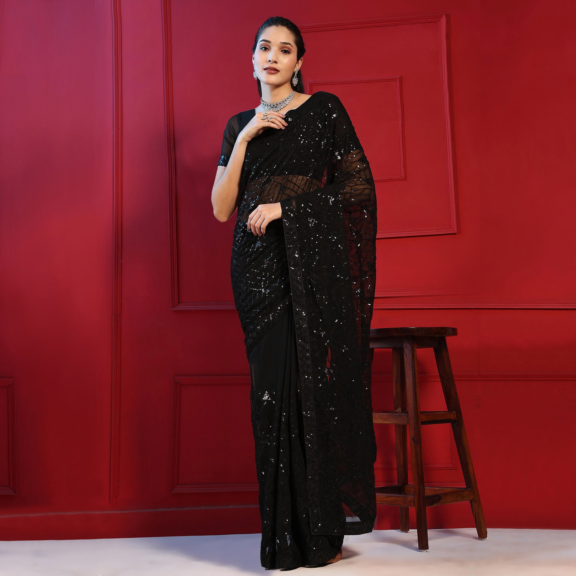 Black Sequins Embroidered Georgette Saree