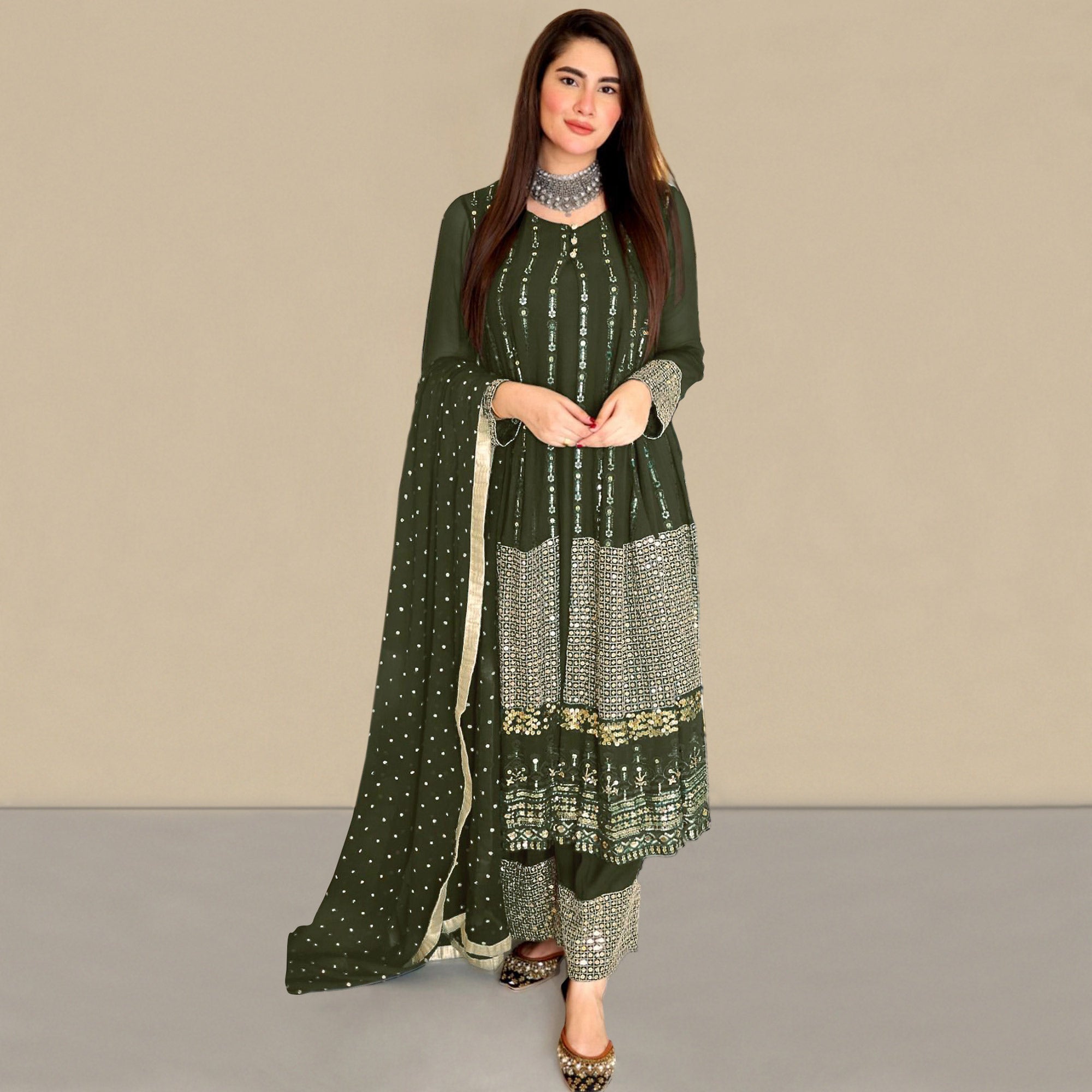 Mehendi Green Sequins Embroidered Georgette Pakistani Suit